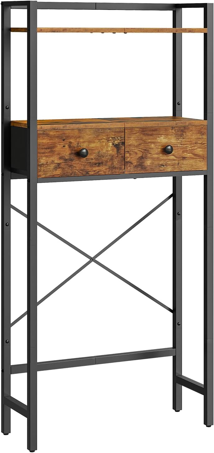 HOOBRO Over-The-Toilet Storage Rack with 2 Drawers, 3-Tier Bathroom Organizer Shelf Over Toilet, Freestanding Toilet Shelf, Storage Cabinet, Rustic Brown and Black BF47TS01