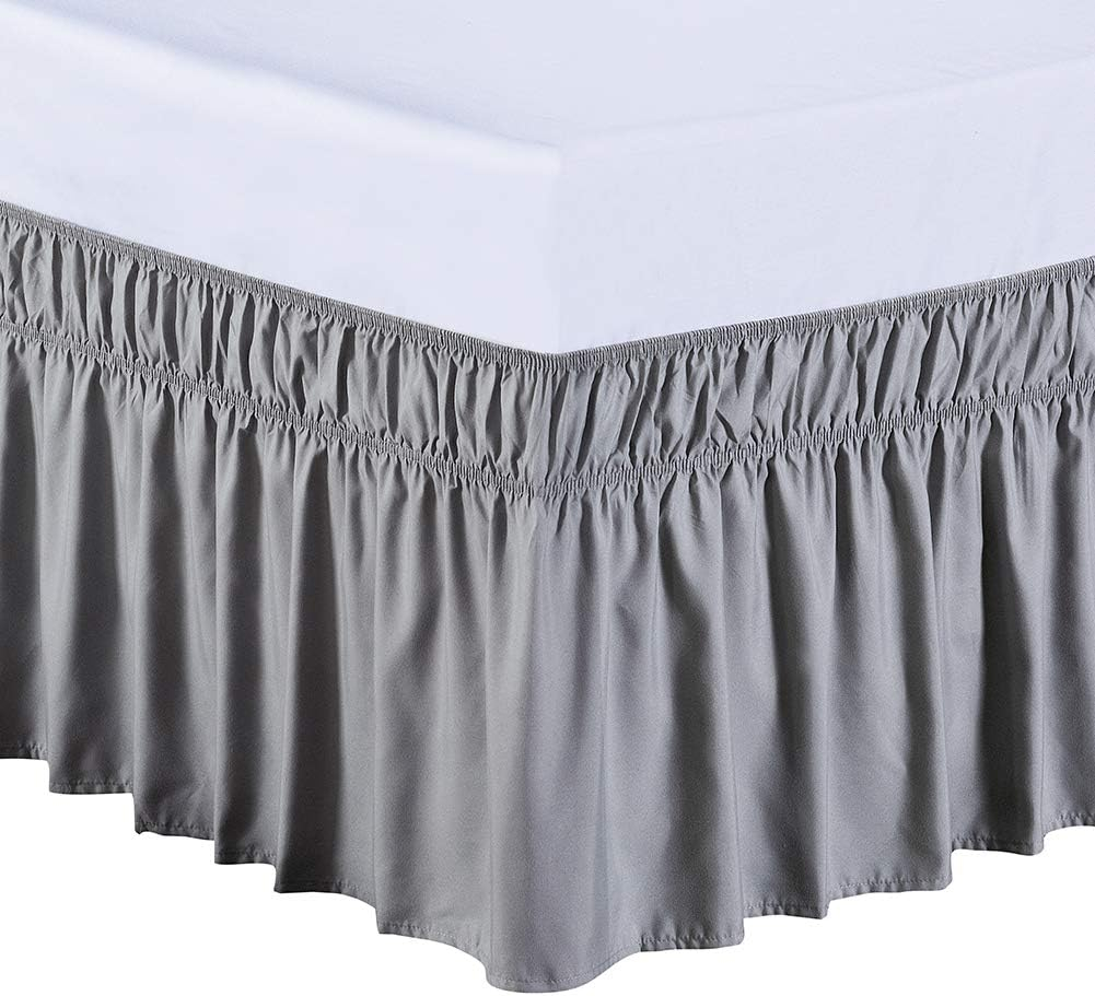 MEILA Wrap Around Bed Skirt Three Fabric Sides Elastic Dust Ruffled 16 Inch Tailored Drop,Easy to Install Fade Resistant-Grey, Queen/King