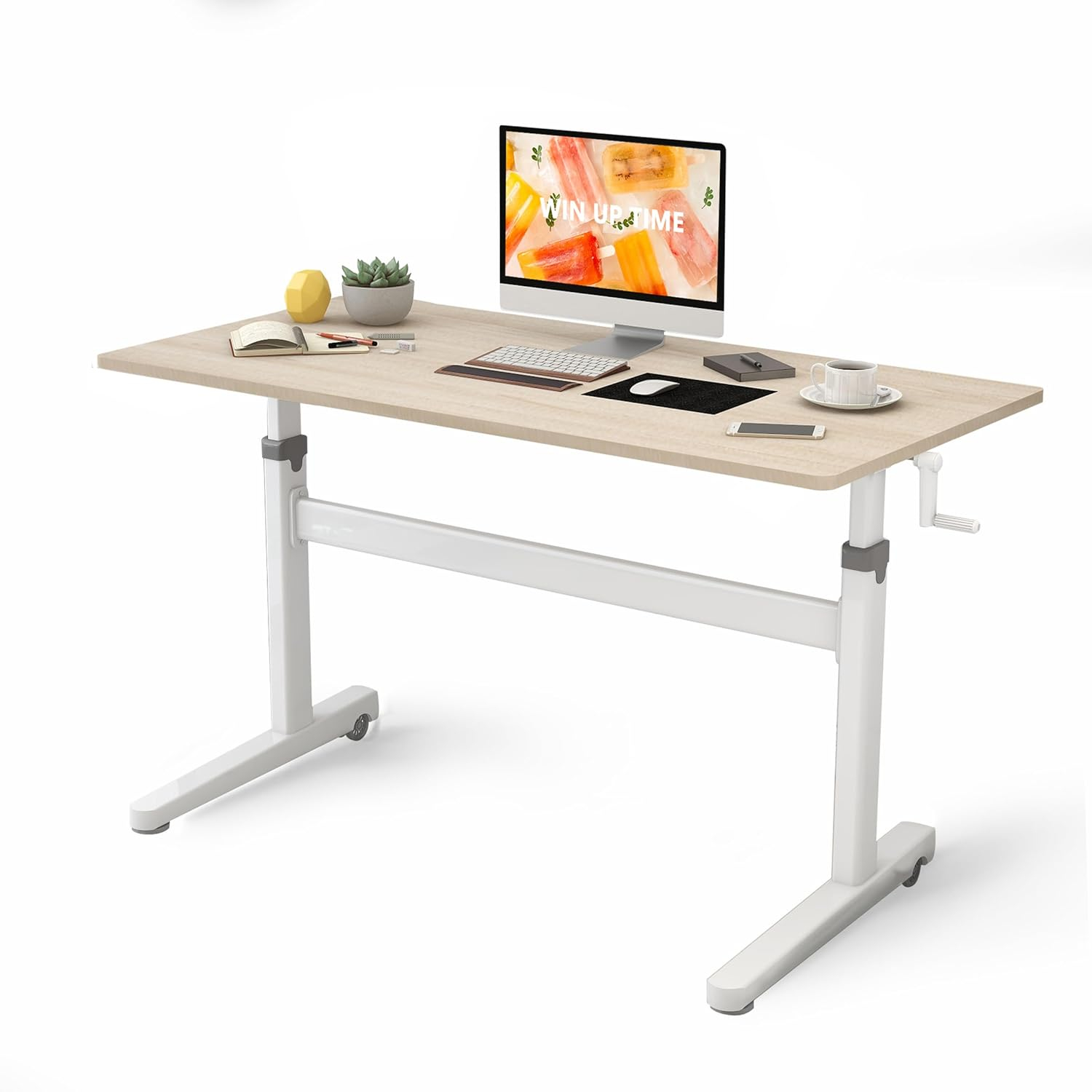 Manual Standing Desk Height Adjustable - Portable Sit to Stand Home Office Desks - Non-Electric Rising Table with Hand Crank and Rolling Wheels - 48 Inch Maple Whole Piece Wood Desktop