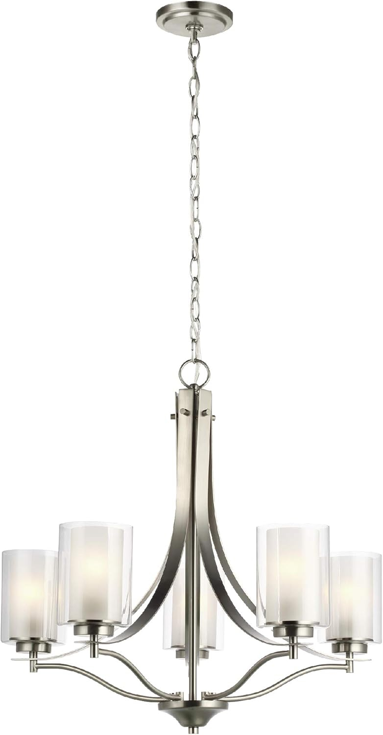 Elmwood 5-Light Brushed Nickel Modern Transitional Hanging Candlestick Chandelier with Satin Etched Glass Shades