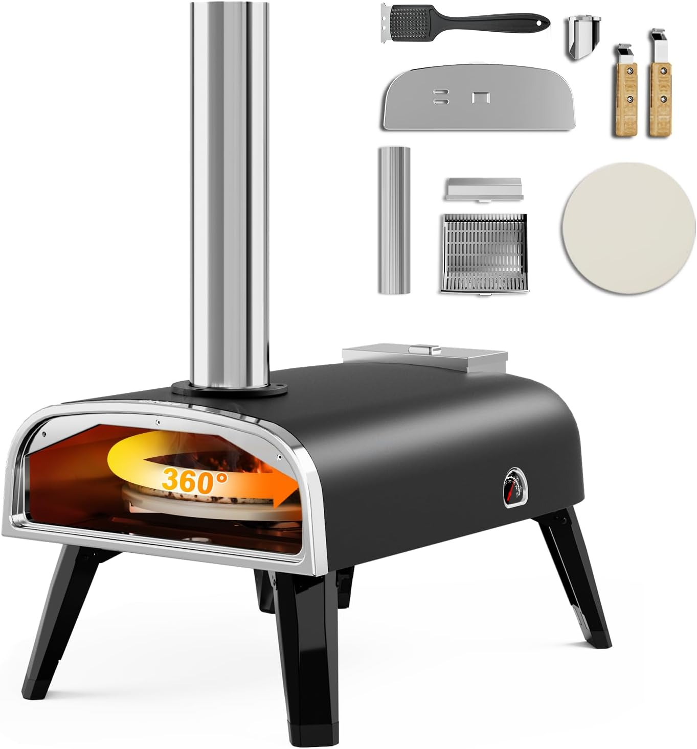 Pizza Oven Outdoor 12" Wood Fired Pizza Ovens Pellet Pizza Stove for Outside, Portable Stainless Steel Pizza Oven for Backyard Pizza Maker Portable Mobile Outdoor Kitchen (Swivel Grey)