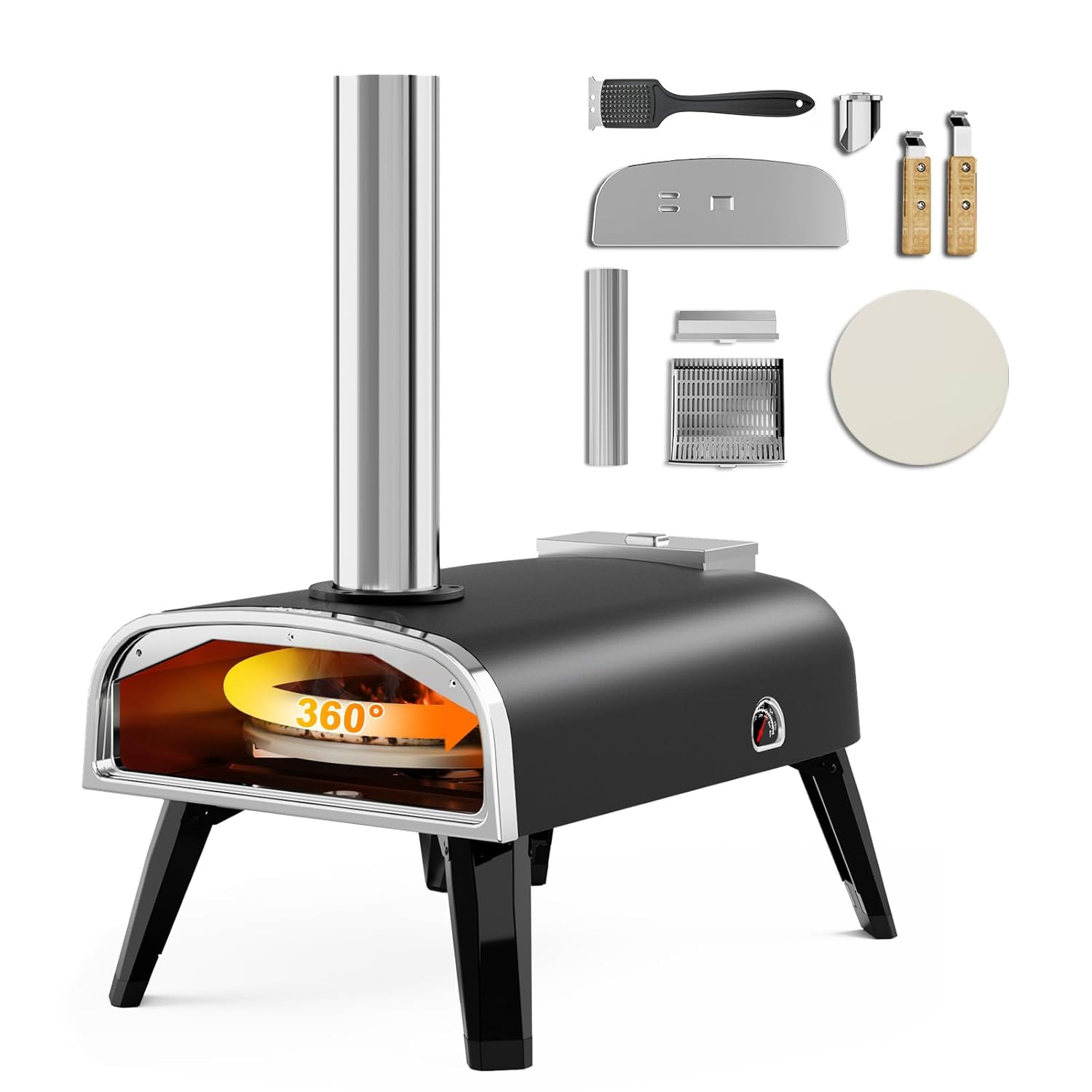 Pizza Oven Outdoor 12" Wood Fired Pizza Ovens Pellet Pizza Stove for Outside, Portable Stainless Steel Pizza Oven for Backyard Pizza Maker Portable Mobile Outdoor Kitchen (Swivel Grey)