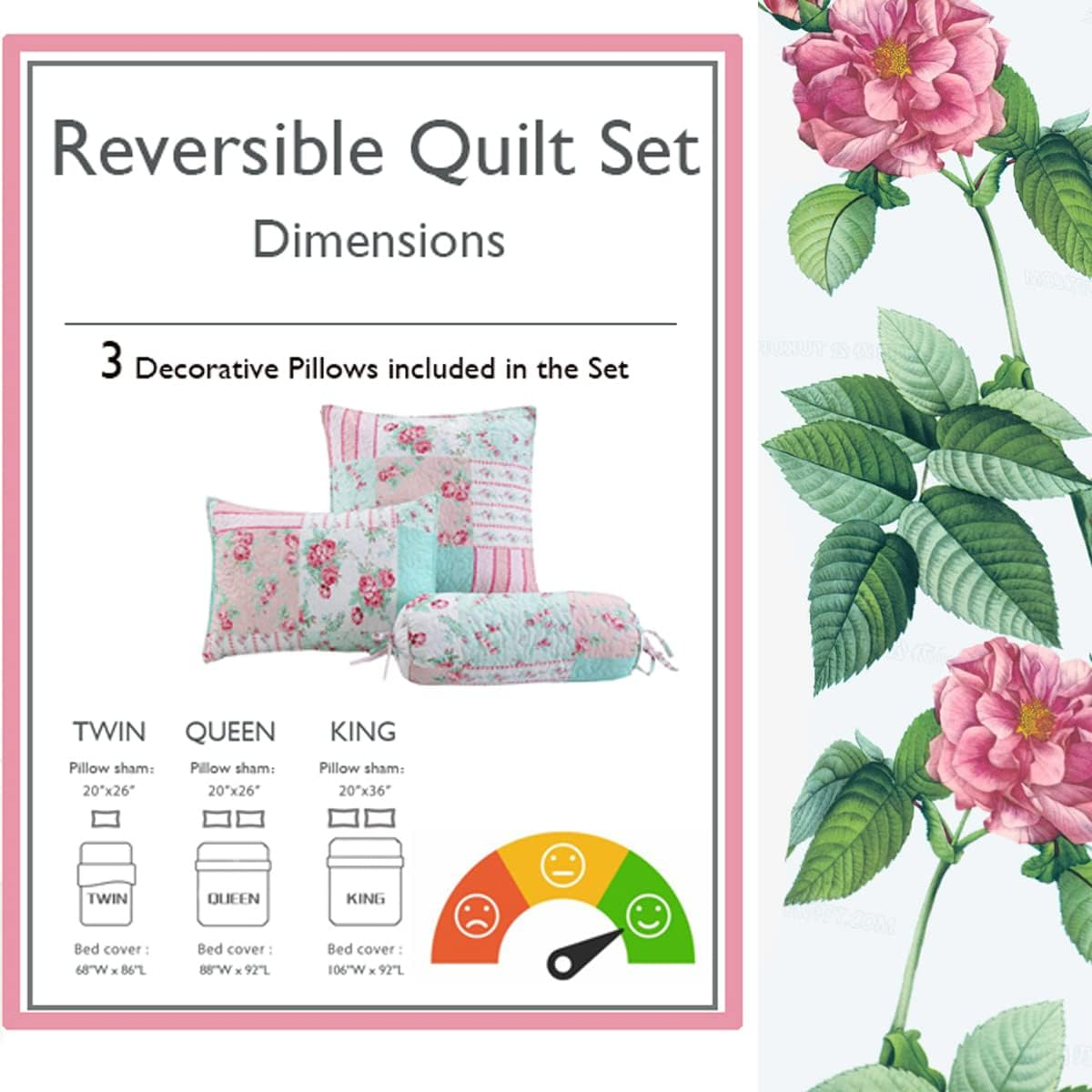 Cozy Line Home Fashions Azalea Floral Chintz PaisleyMicrofiber Reversible Quilt Bedding Set Coverlet, Bedspread, Pink Rose, 3-Piece King Set