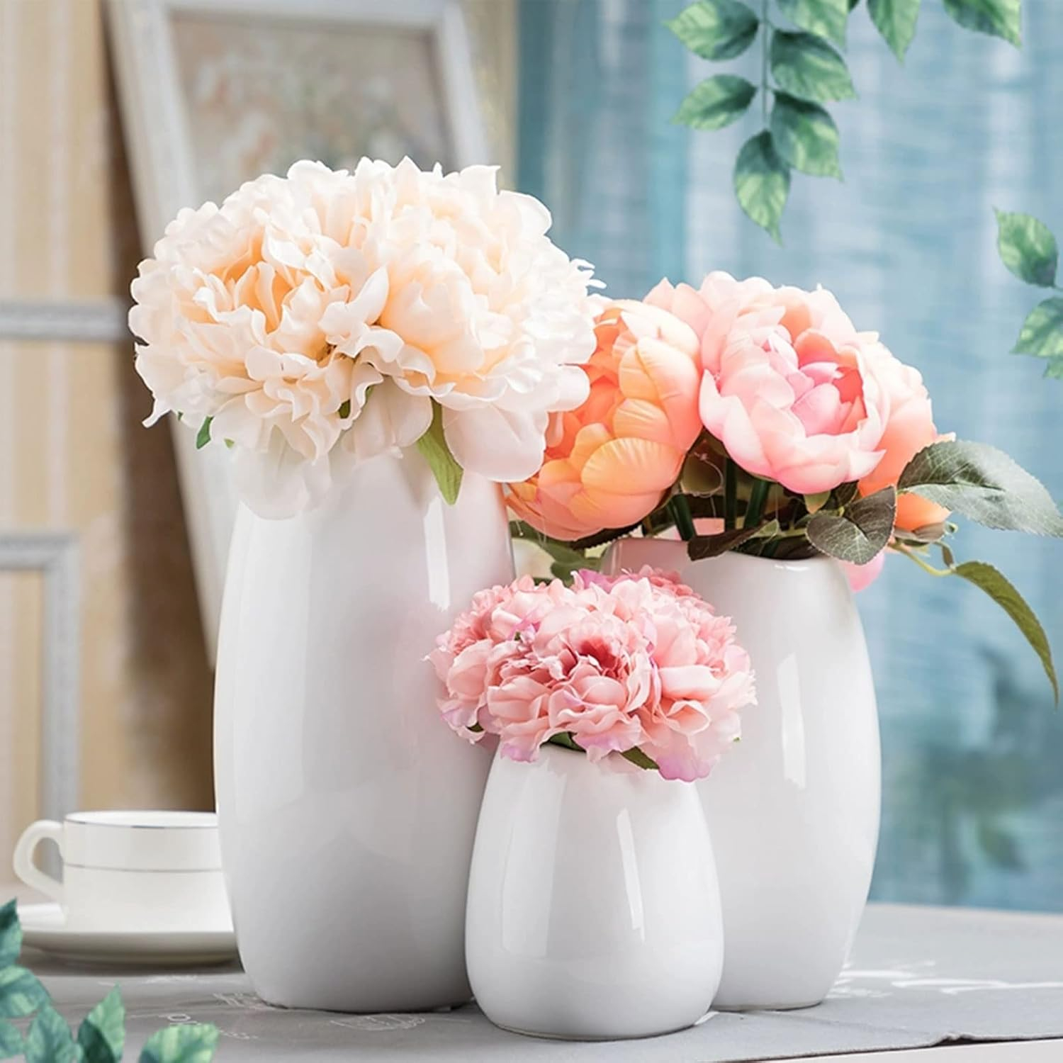 ShengRui Ceramic Vase Set of 3 White Flower Vase for Home Decor, Modern Decorative Vase for Flowers Vases for Your Ideal Shelf Decor/Table/Living Room/Kitchen/Office-White