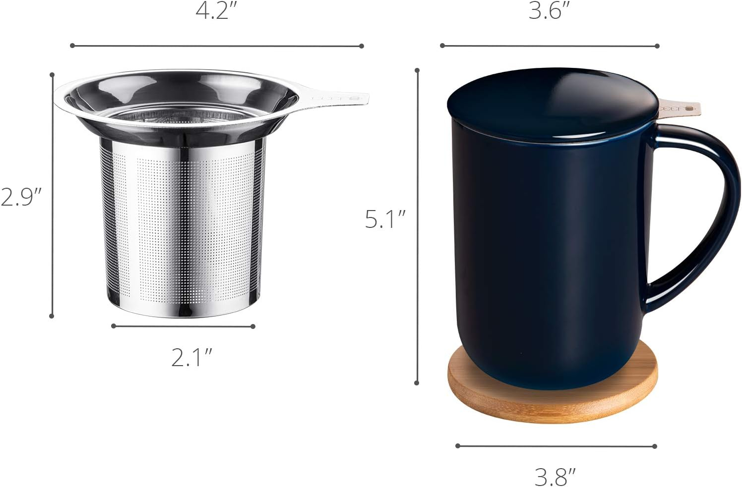 Navy Blue Ceramic Tea Mug with Bamboo Coaster and Lid
