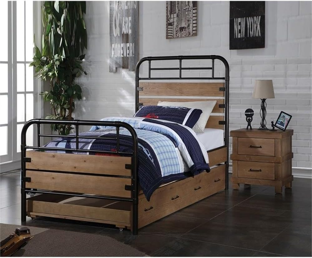 Antique Oak Twin Trundle Bed with Drawer and Wood Frame