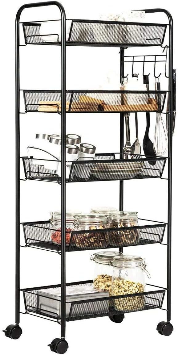 JANE EYRE 5-Tier Rolling Utility Storage Rack Cart on Wheels, Trolley Craft cart, Multi-Purpose Organizer Shelf, Black