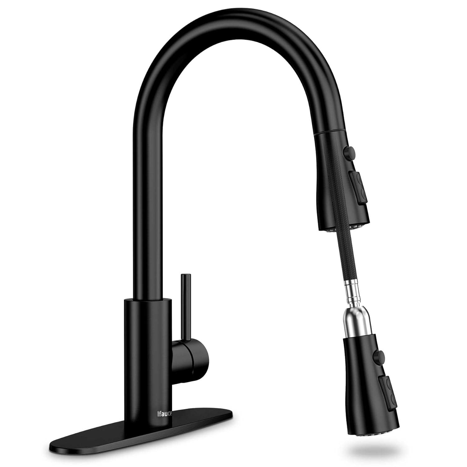 Black Kitchen Sink Faucet, Kitchen Faucet with Pull Down Sprayer, Stainless Steel Single Handle Faucet for Kitchen Sink with Deck Plate, Fitted for RV, Bar, Laundry, Apartments, Farmhouse