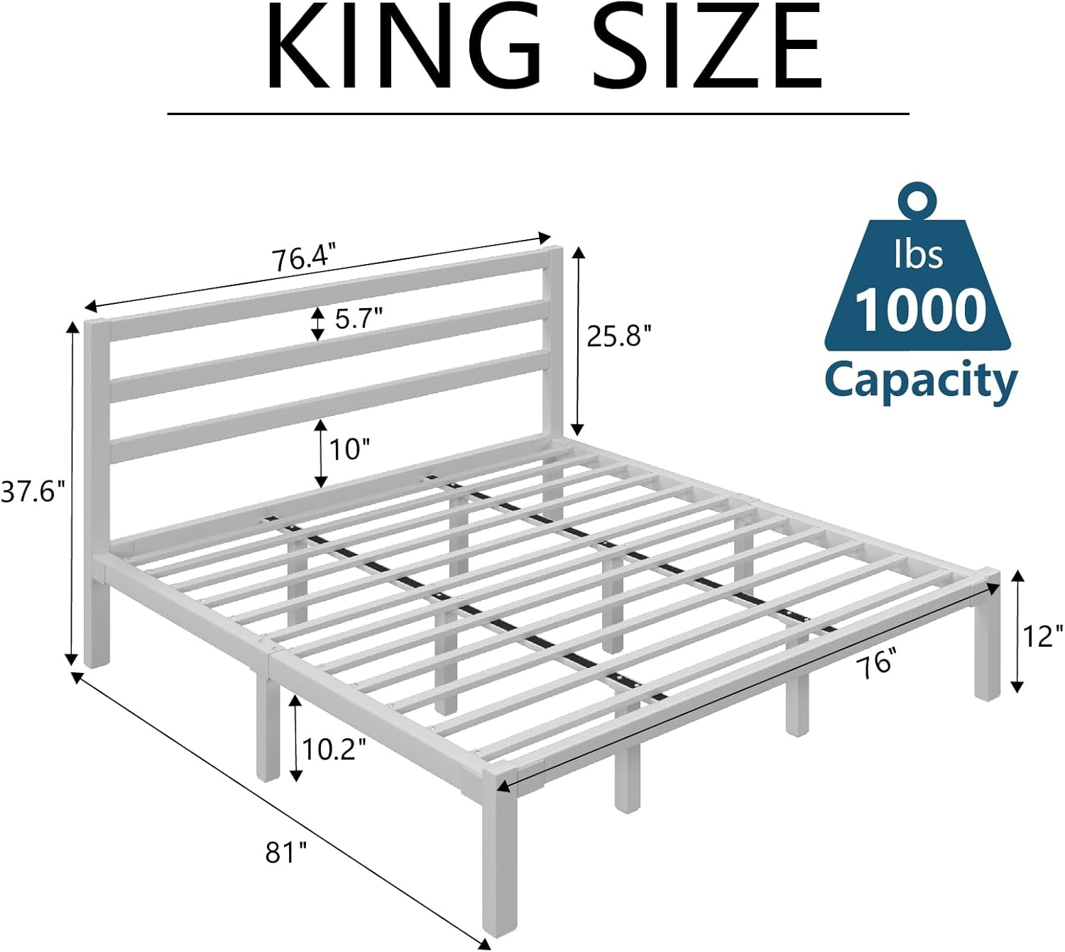 King Size Bed Frame, Heavy Duty Platform Bed Frame with Strong Metal Foundation,Under Bed Storage,Mattress Foundation,No Box Spring Required,Easy Assembly, White