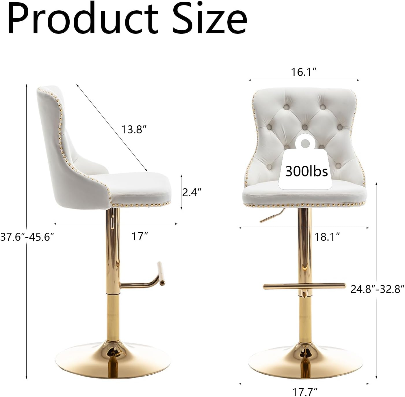 Gold Velvet Bar Stools Set of 2, Swivel Counter Height Bar Stools with Nailheads Trim and Button, Adjustable Barstools for Kitchen Island, Pub, Club (Beige)