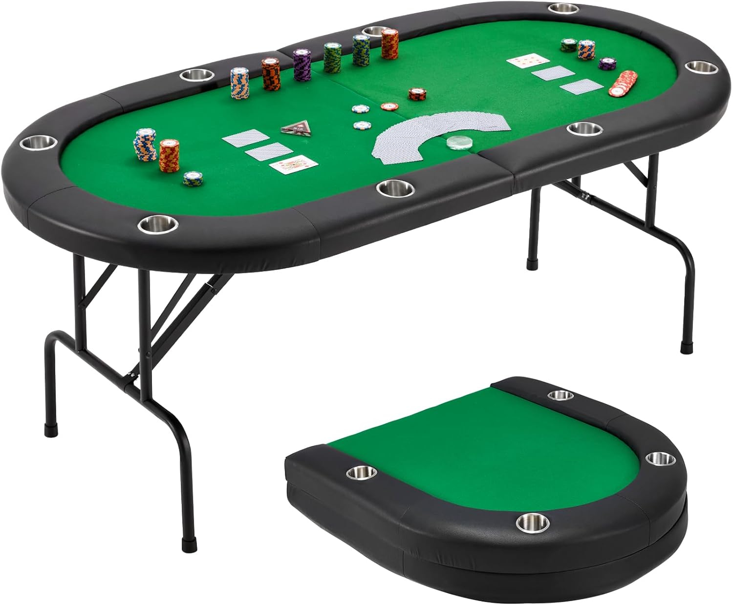 Folding Poker Table for 8 Players, Card Table with Cup Holder, Casino Leisure Table with Green Felt Surface for Blackjack Board Games