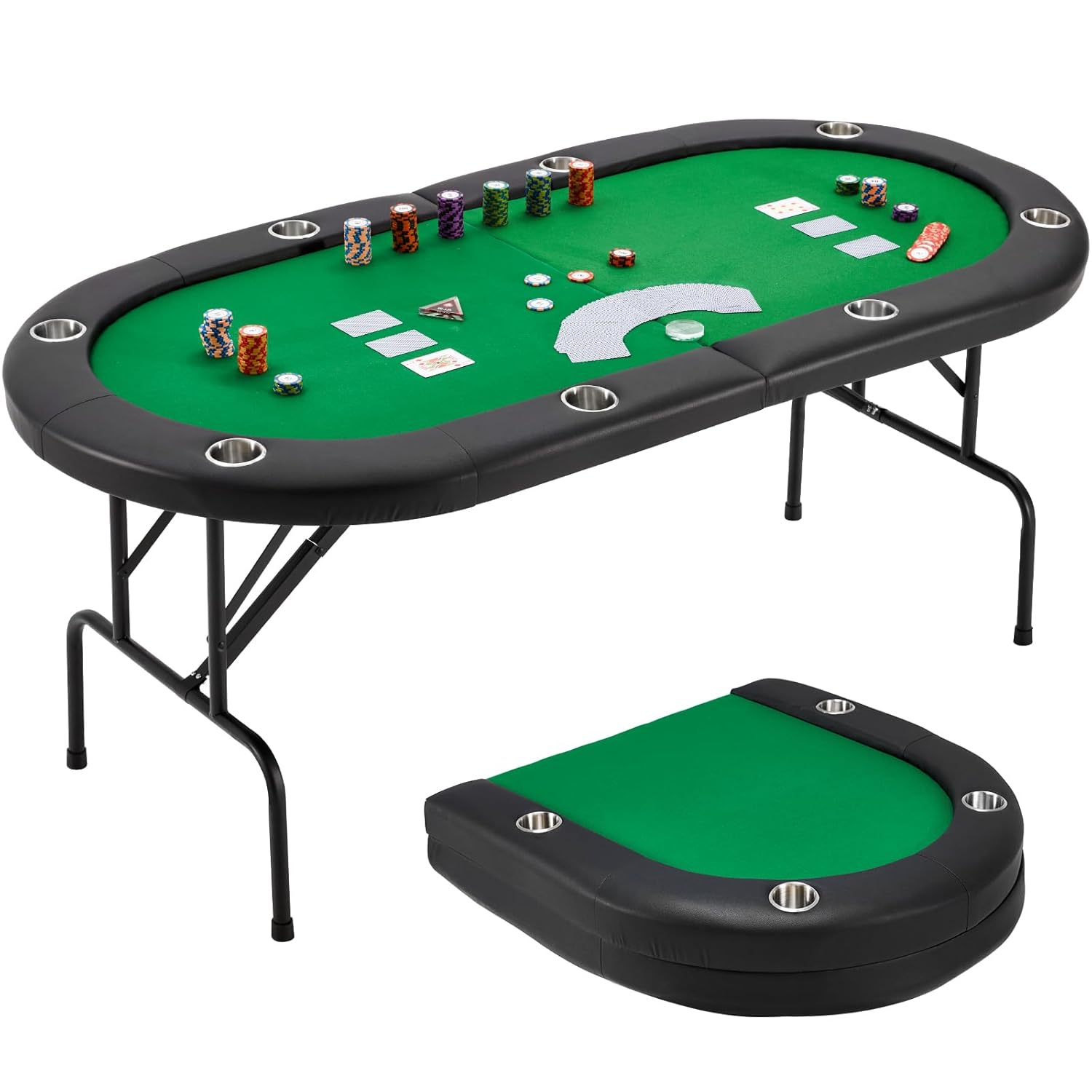 Folding Poker Table for 8 Players, Card Table with Cup Holder, Casino Leisure Table with Green Felt Surface for Blackjack Board Games