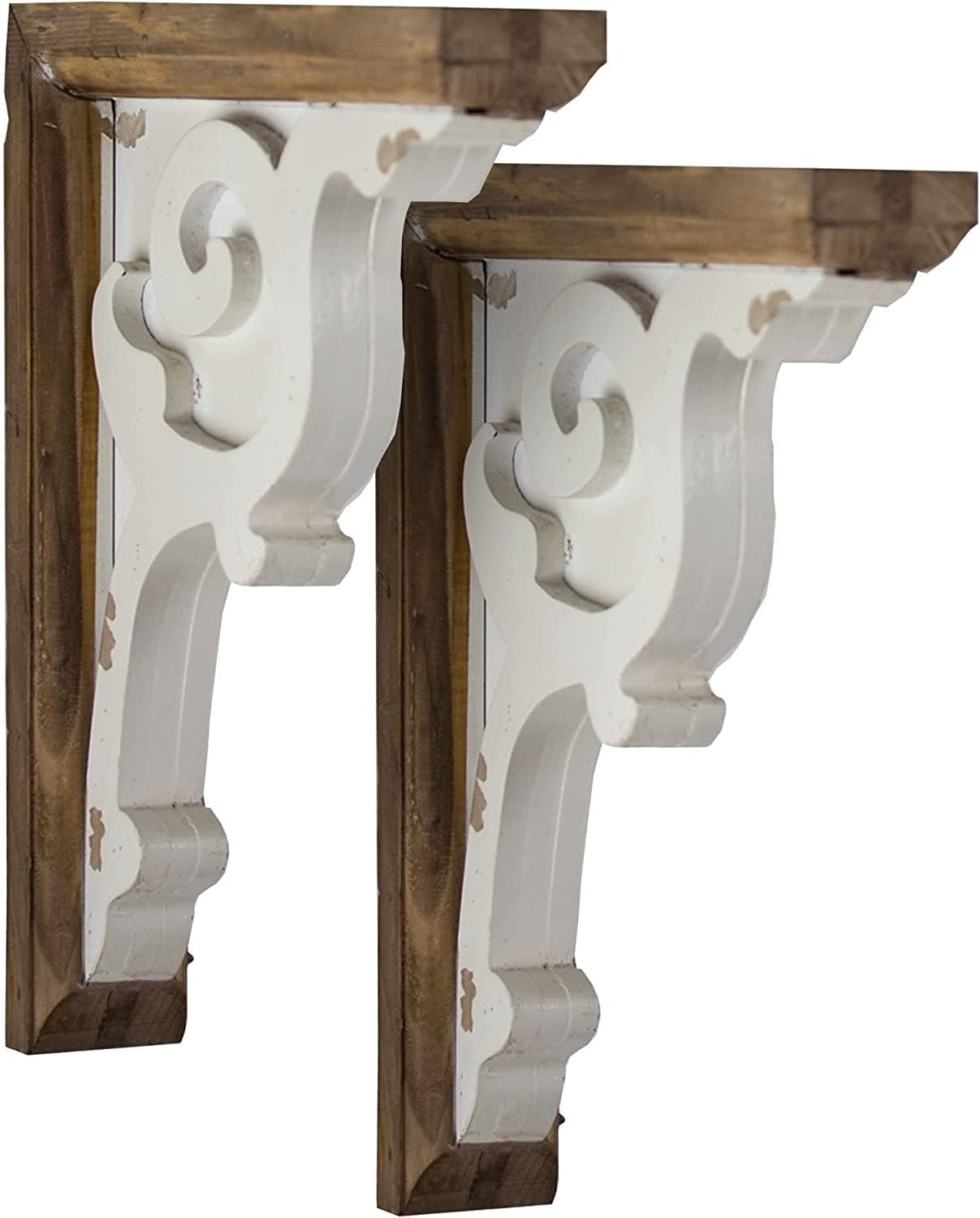 American Art Decor Set of 2 Corbel Shelf Brackets - Vintage Decorative Shelving & Storage - Rustic Farmhouse Decor for Living Room, Bedroom, Kitchen, Office & More (Brown & White, 12”x2 x7.75”)