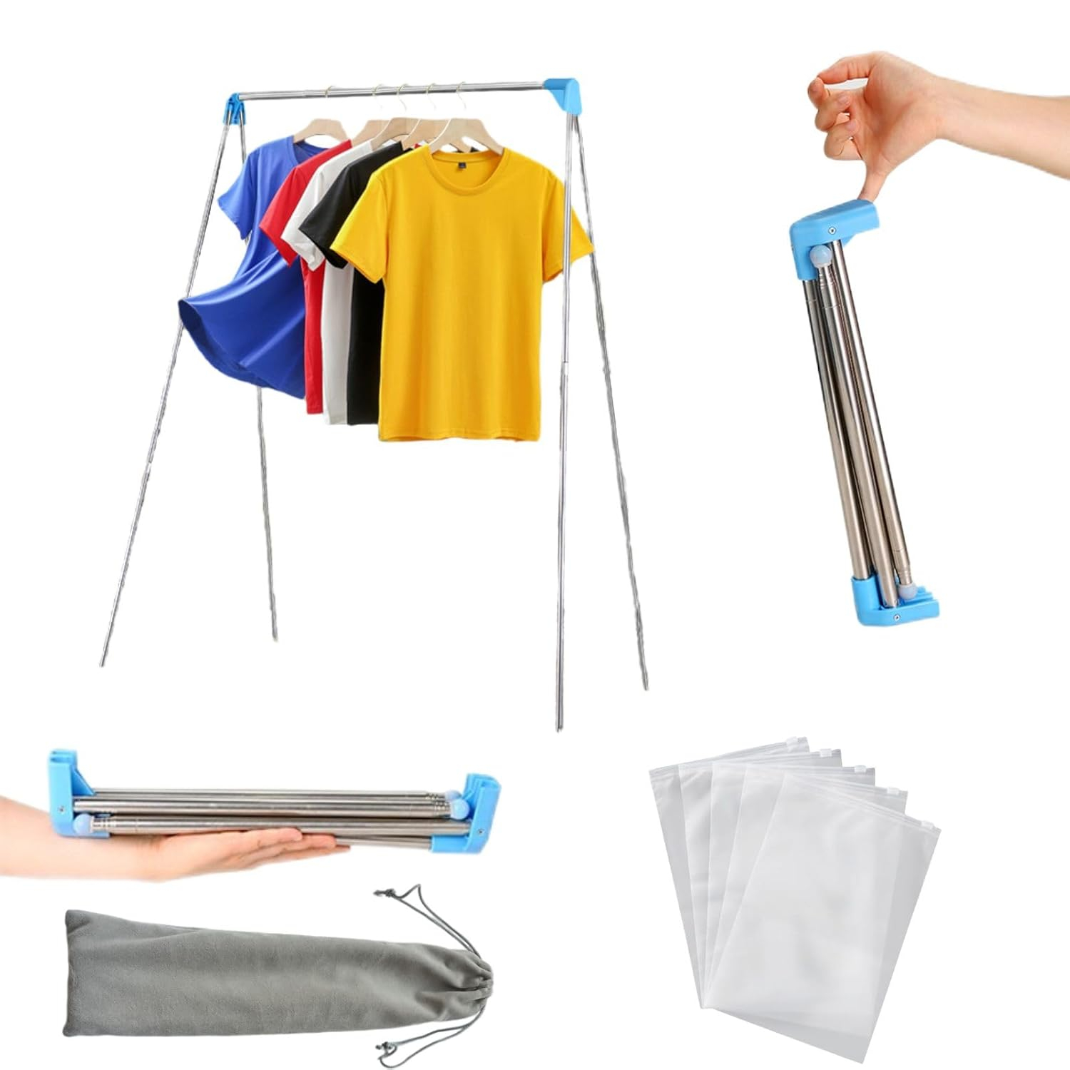 Portable Travel Garment Rack, Compact Stainless Steel Foldable Mini Drying Clothes Rack for Travel, Camping, Hotel Room, Laundry, Dance Costume, Indoor, Outdoor (Regular)