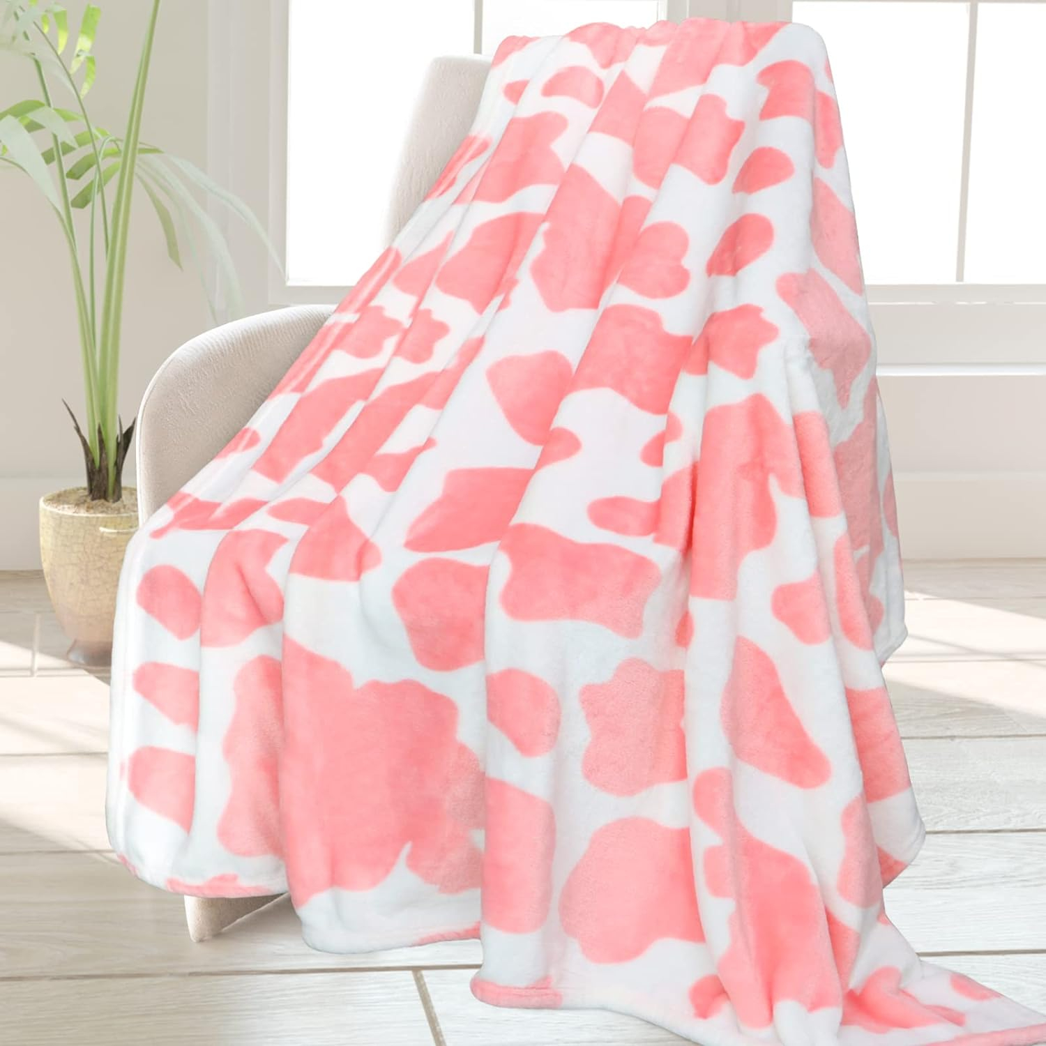 Pink and White Fleece Cow Print Throw Blanket