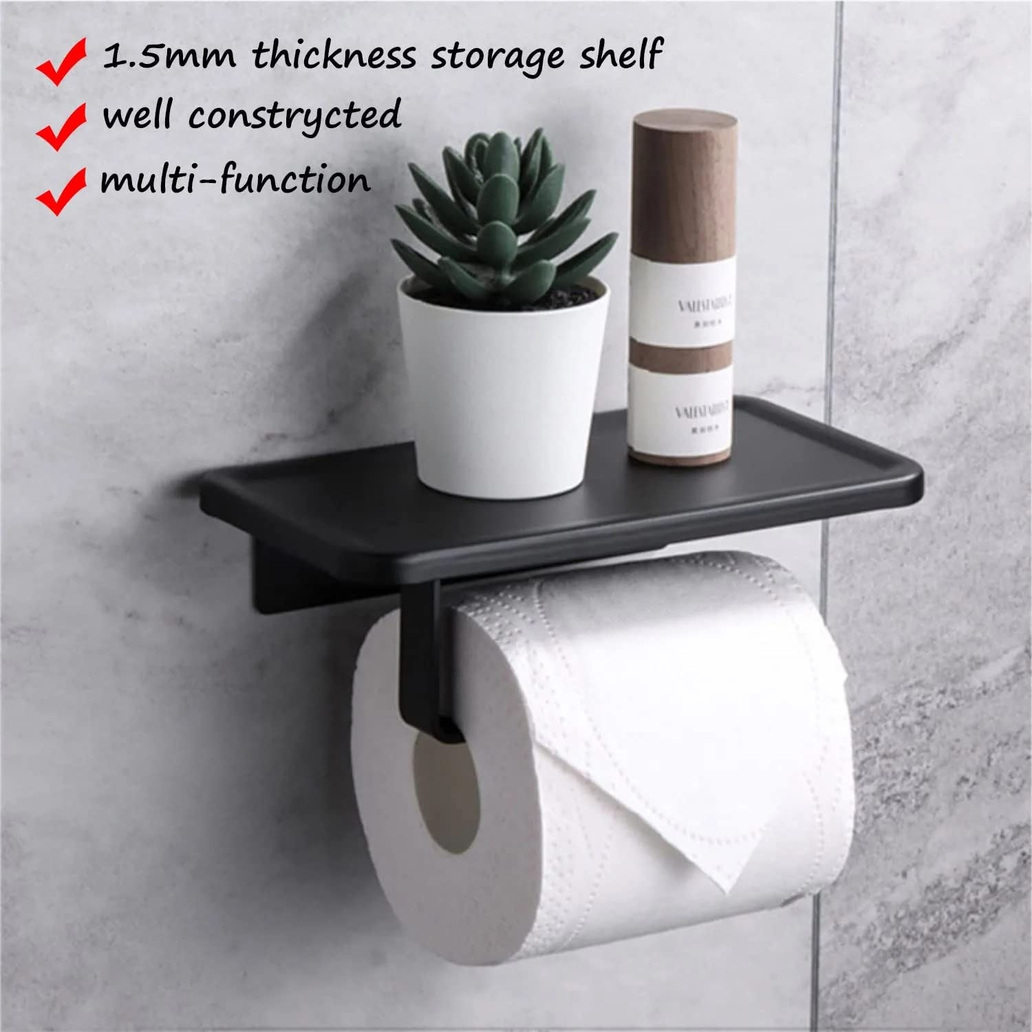 2-Piece Jasni Matte Black Toilet Paper Holder SUS304 Stainless Steel Paper Roll Tissue Holder Toilet Paper Holder with Shelf Self Adhesive Modern Wall Mounted for Bathroom & Kitchen Square Style
