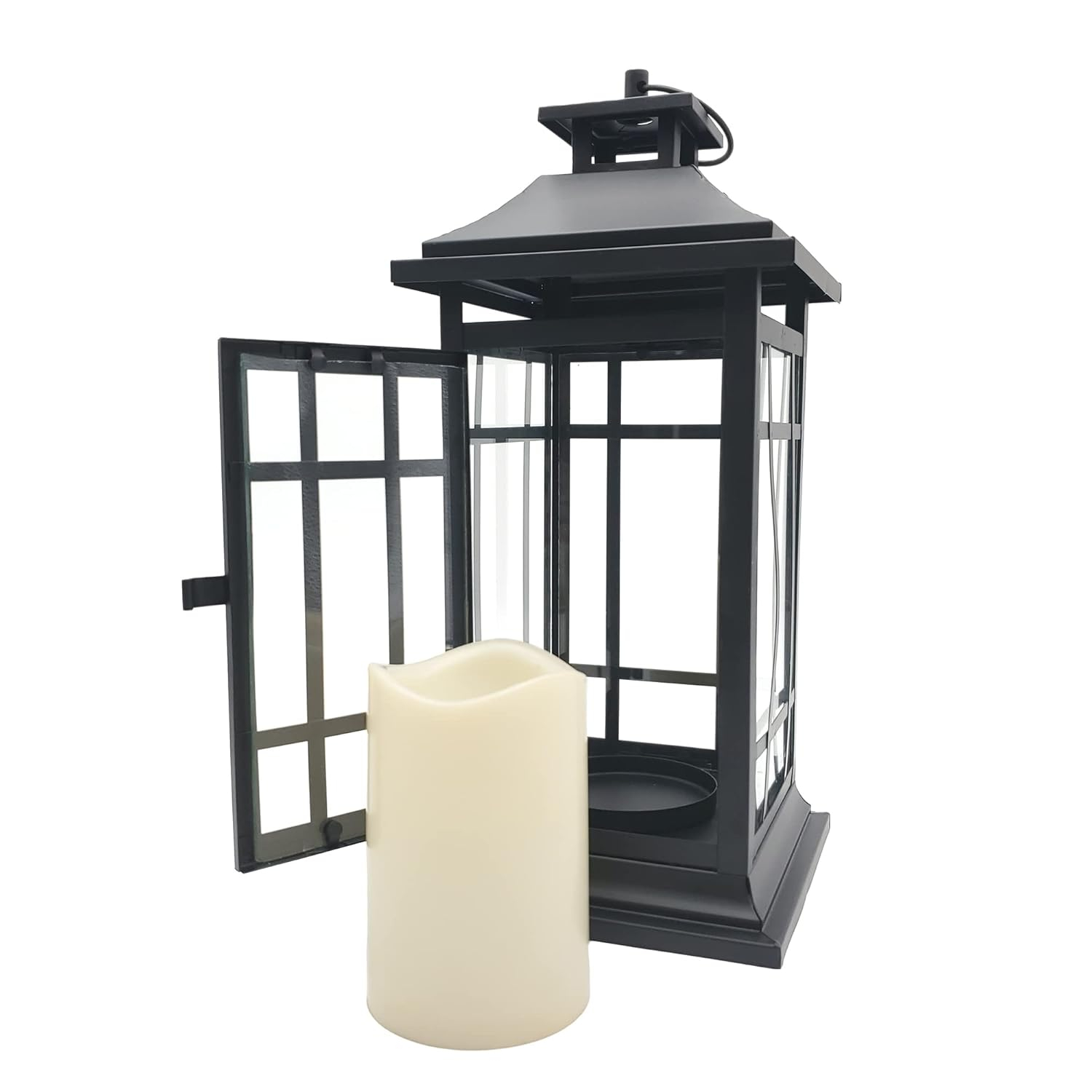 LumaBase Battery Operated Metal Lantern with LED Candle - Black Window (14 inches)