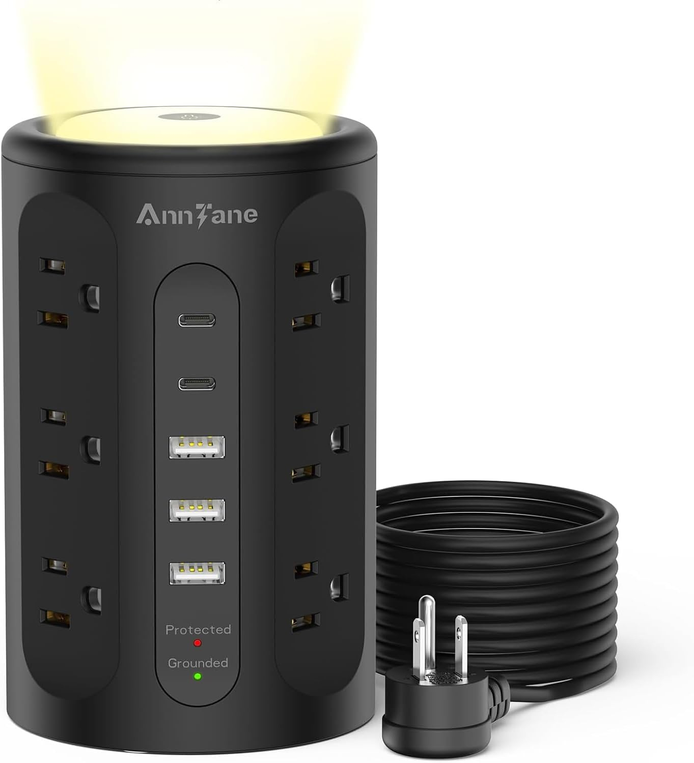 Power Strip Tower with Night Light, Power Strip Surge Protector with USB Ports, Extension Cord 10 FT with Multiple Outlets (12AC+3A+2C) for Home Office Desk DormRoom (Black)