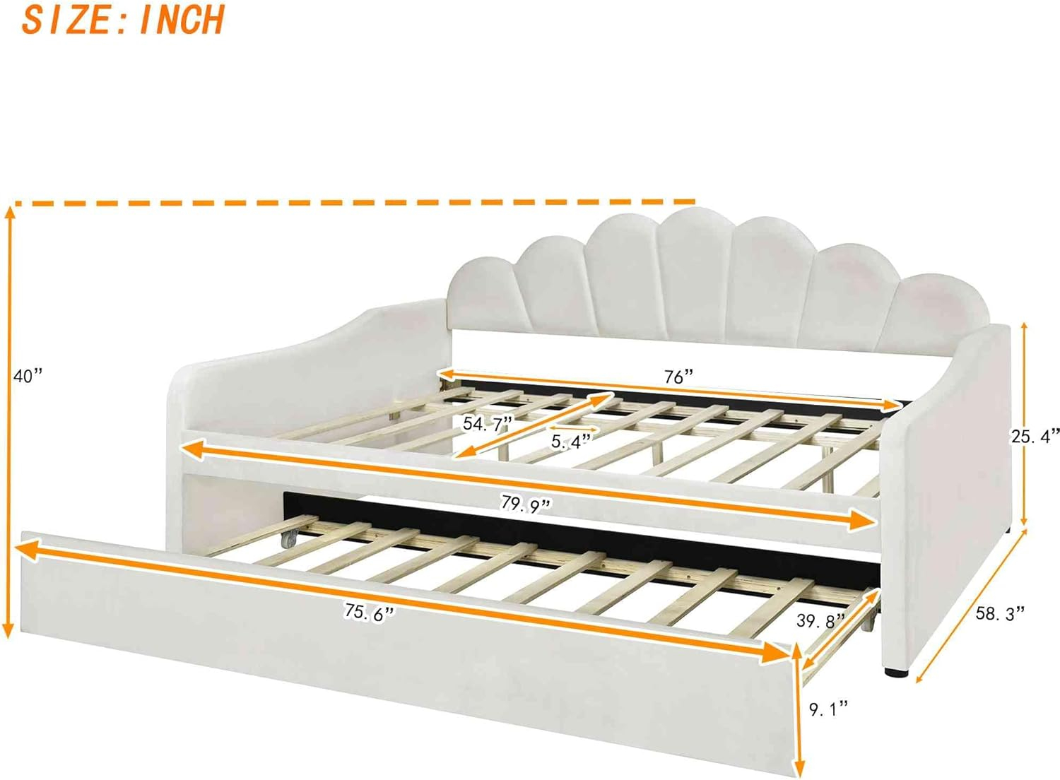 ATY Full Size Upholstery Daybed with Trundle and Backrest, Shall Shaped Bedframe, Sofa Design, for Bedroom, Guestroom, Small Space, Beige