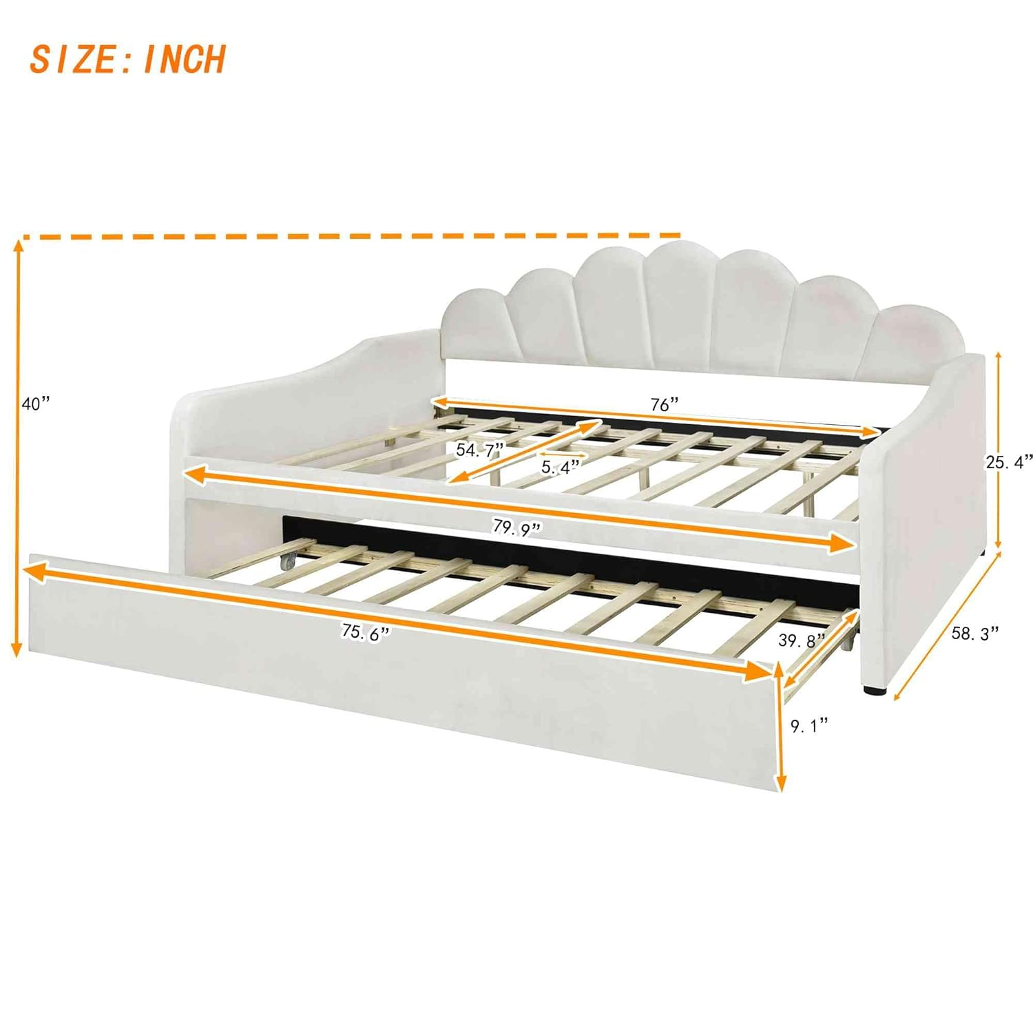 ATY Full Size Upholstery Daybed with Trundle and Backrest, Shall Shaped Bedframe, Sofa Design, for Bedroom, Guestroom, Small Space, Beige