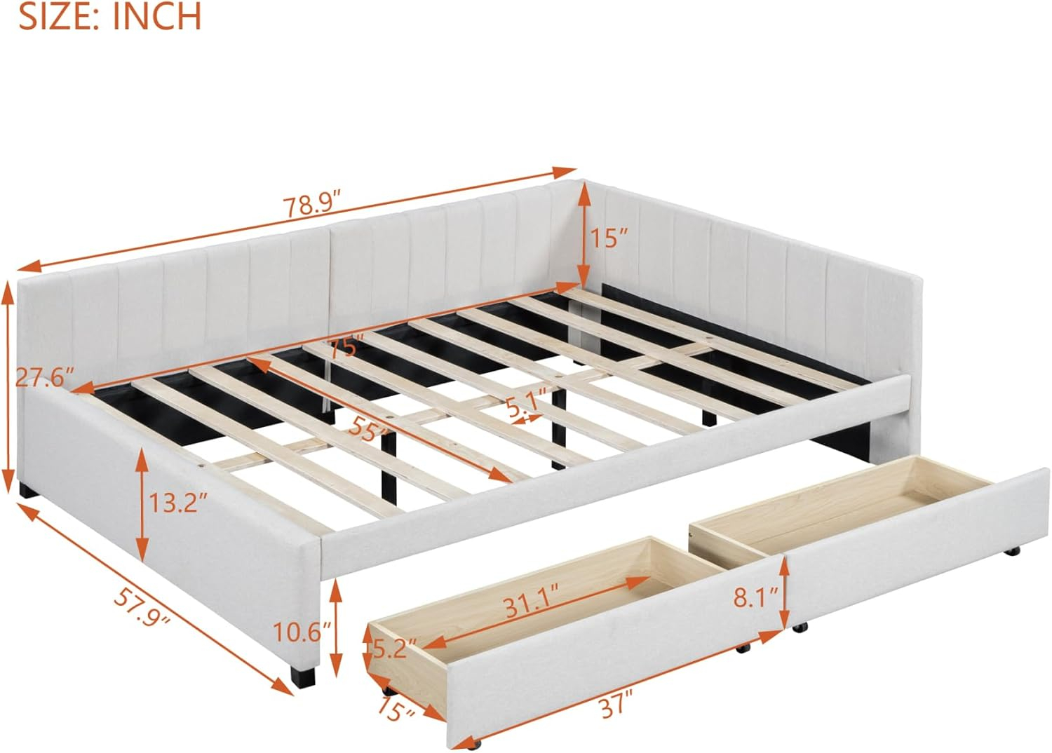 Full Size Daybed with 2 Storage Drawers,L-Shaped Upholstered Linen Fabric Sleeper Sofa Bed Couch,No Box Spring Needed for Kids Girls Adults,Beige
