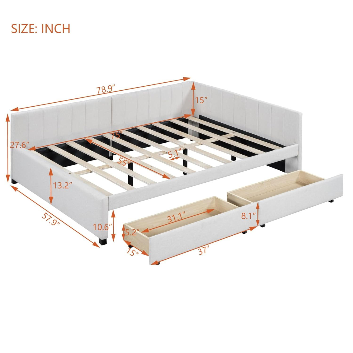 Full Size Daybed with 2 Storage Drawers,L-Shaped Upholstered Linen Fabric Sleeper Sofa Bed Couch,No Box Spring Needed for Kids Girls Adults,Beige