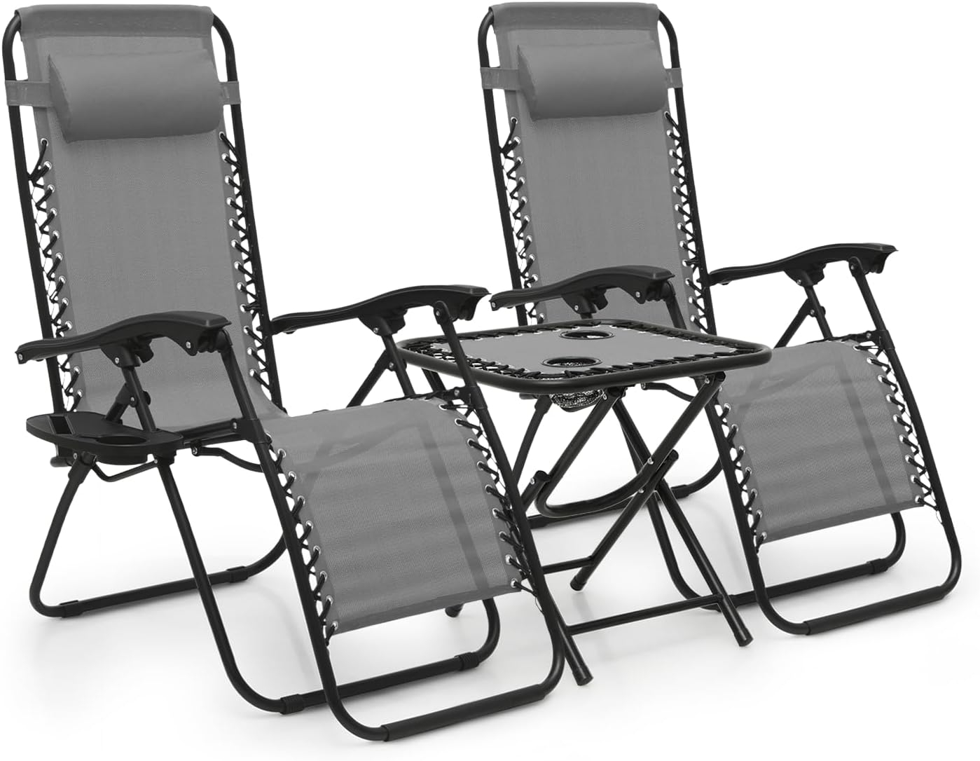 MoNiBloom Zero Gravity Chairs Set of 3, Folding Reclining Chairs with Folding Table, for Pool Patio Lawn Beach Vacation, Grey