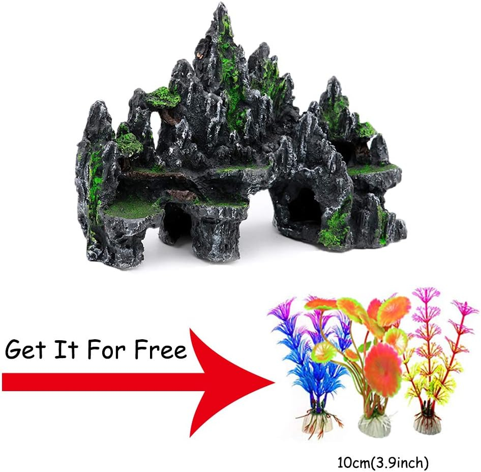 PakyKai Large Fish Tank Decorations, Mountain View Aquarium Ornament with Tree House Cave Bridge Artificial Plastic Plants Aquarium Decorations
