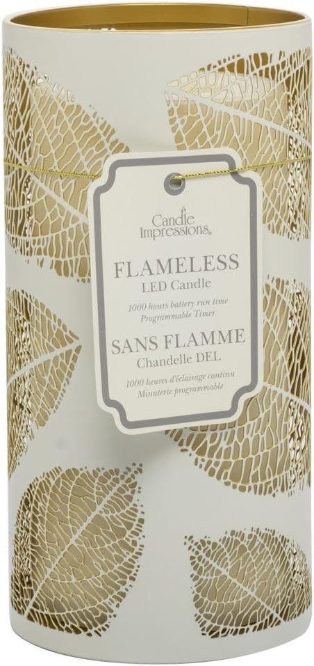 Sterno Home CAT12001WH Laser Etched Leaf Design Metal Luminary, 3.5 7-Inch, White/Gold