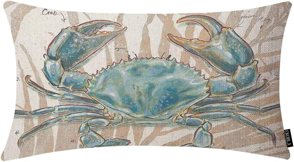 EKOBLA Ocean Beach Theme Decorative Pillow Case Throw Pillow Covers Big Crab Sea Coastal Farmhouse Waist Oblong Rectangle Throw Pillowcase for Sofa Couch Bed Home Cotton Linen 12x20 Inches