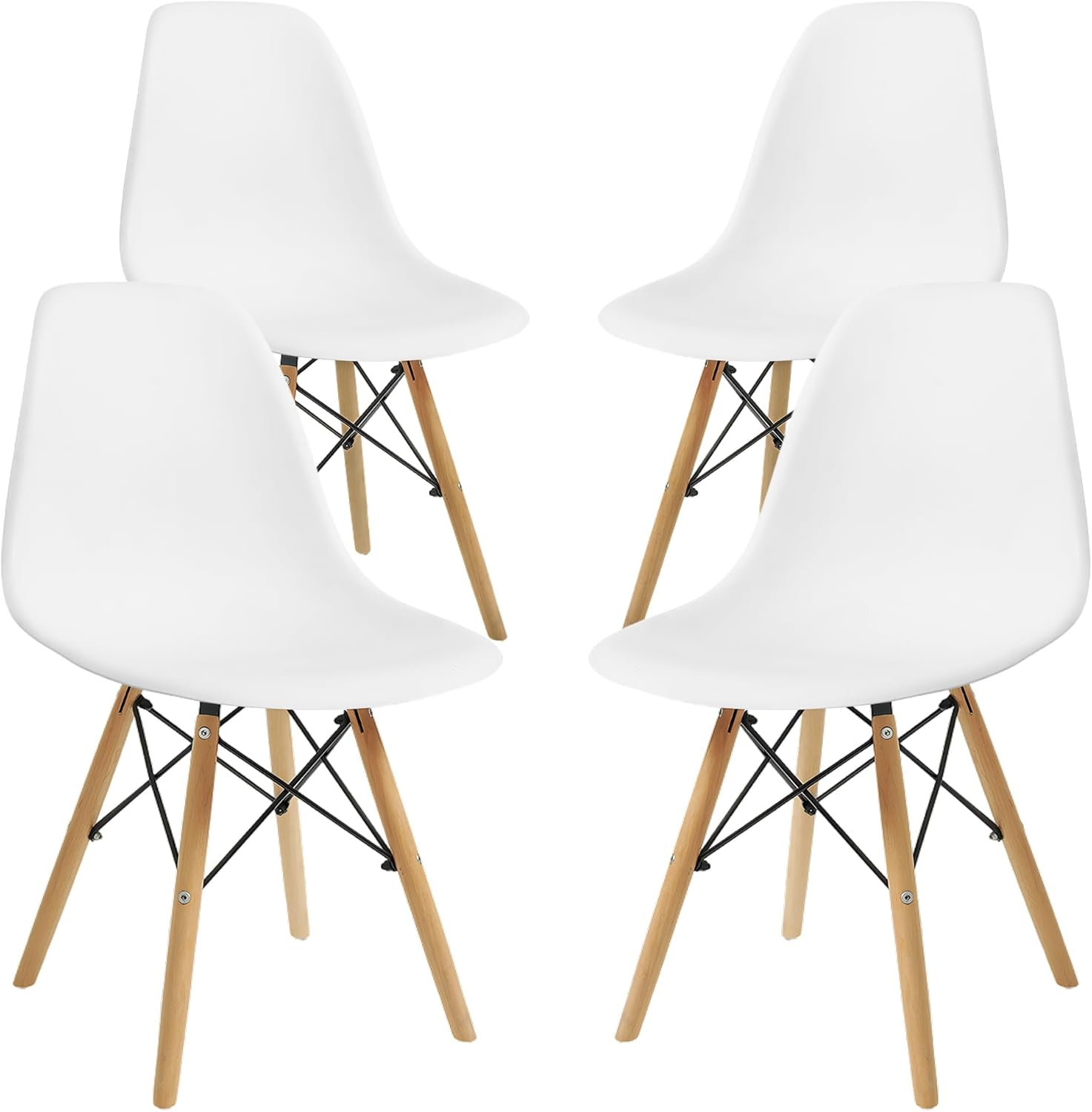 CangLong Modern Style Dining Chairs, Mid Century Plastic Dining Chair with Wood Legs, for Kitchen, Dining, Bedroom, Living Room, Set of 4, White