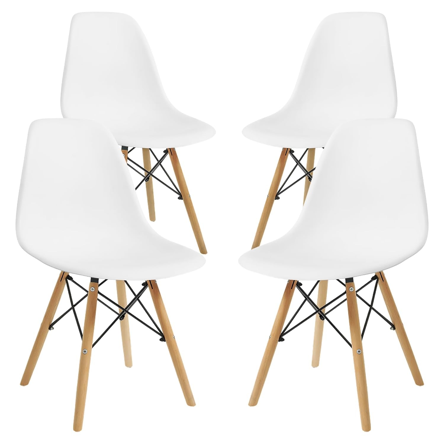 CangLong Modern Style Dining Chairs, Mid Century Plastic Dining Chair with Wood Legs, for Kitchen, Dining, Bedroom, Living Room, Set of 4, White