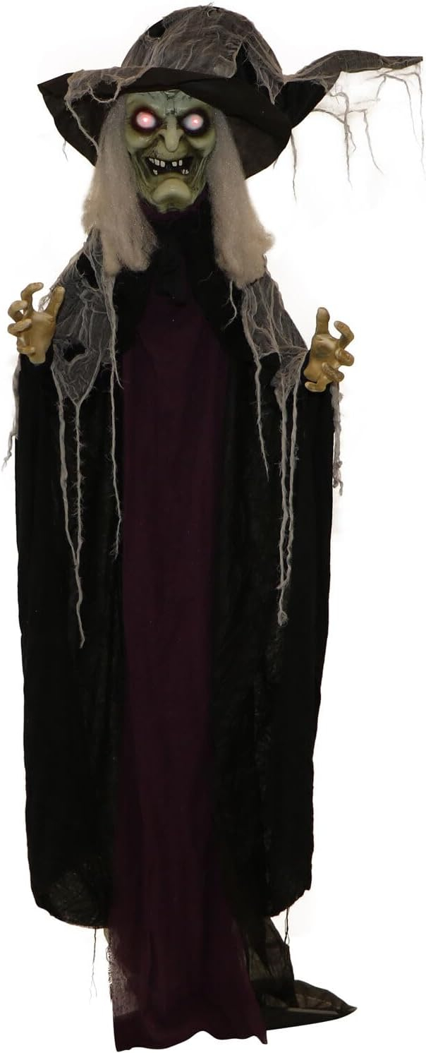 c&g home Life-Size Poseable Witch with Lights and Sound, Indoor/Covered Outdoor Halloween Decoration