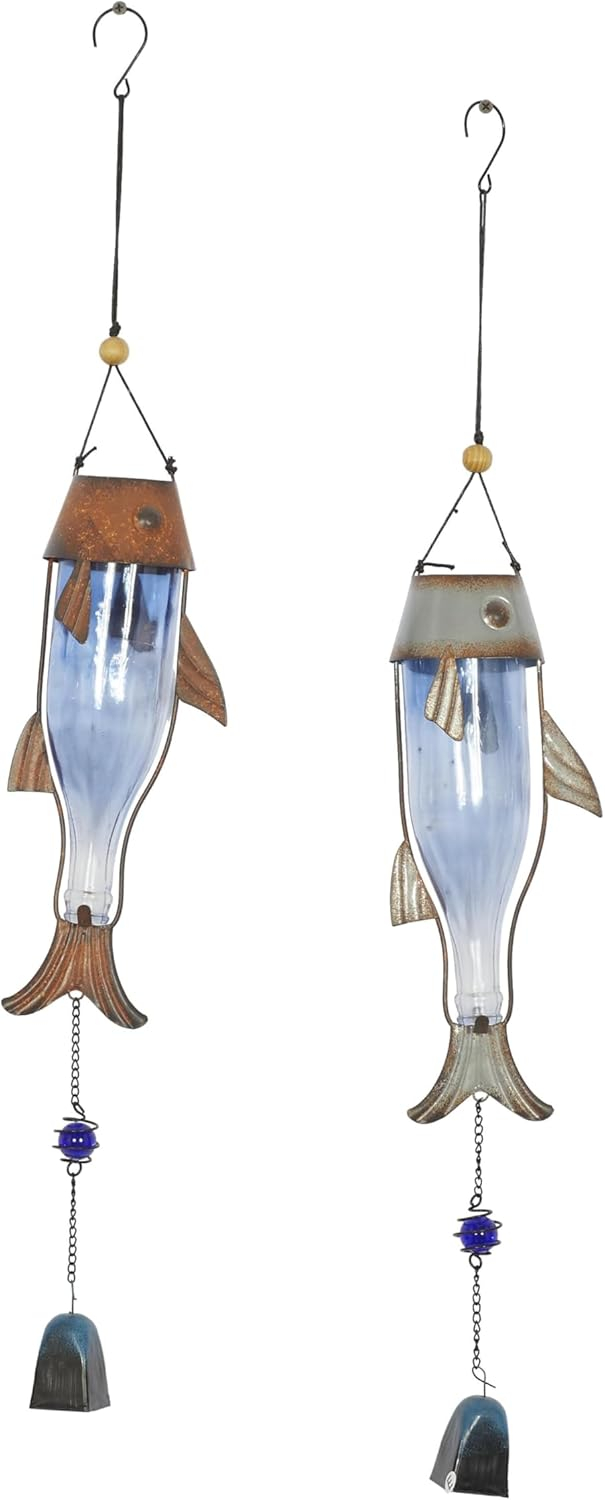 DecMode 32" Blue Metal Fish Windchime with Glass Bottle Body and Beads (2 Count)