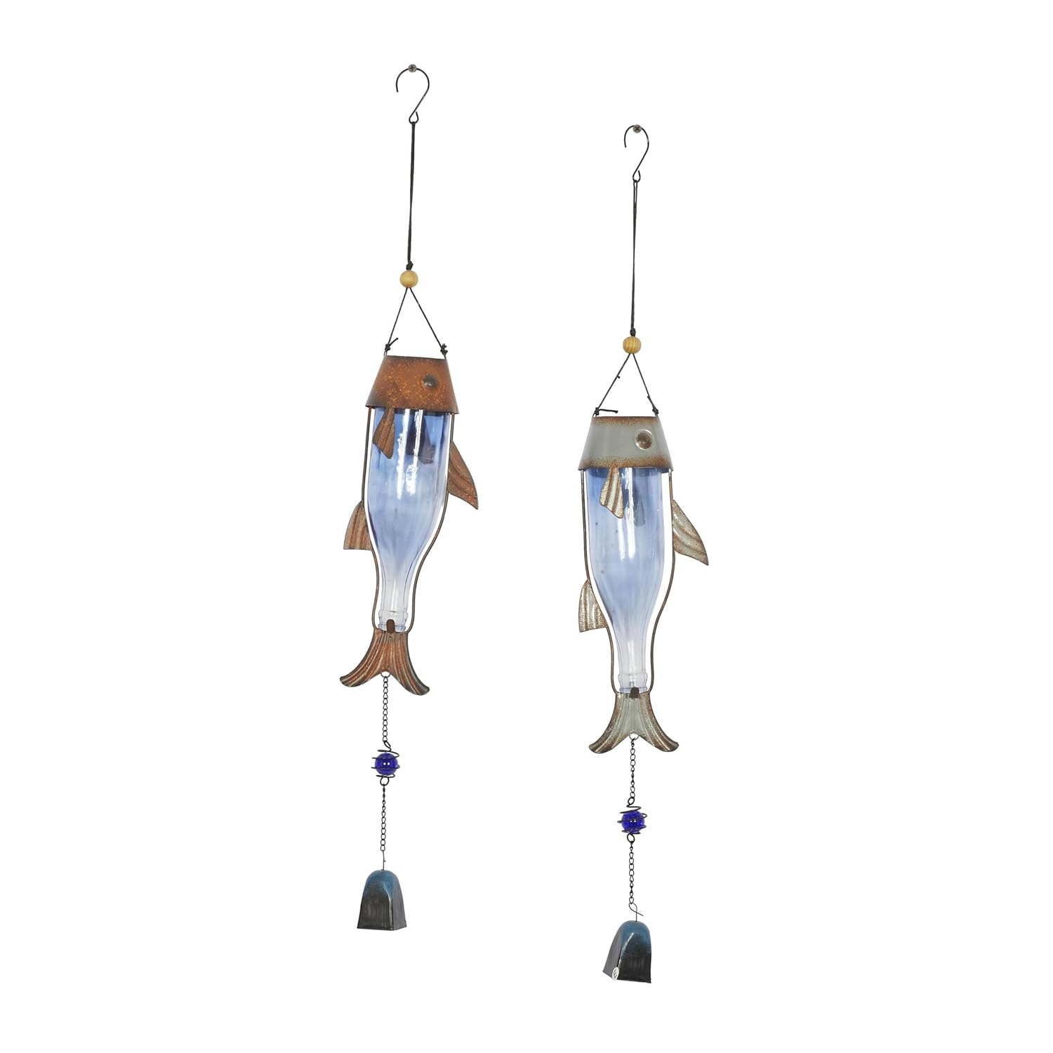 DecMode 32" Blue Metal Fish Windchime with Glass Bottle Body and Beads (2 Count)
