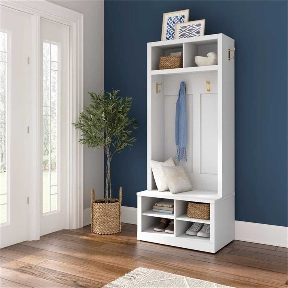 Hampton Heights 30W Hall Tree and Shoe Bench in White - Engineered Wood