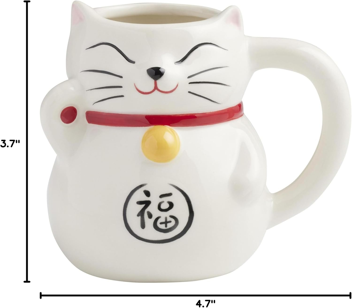 White Ceramic Lucky Cat Mug with Red Collar and Golden Bell