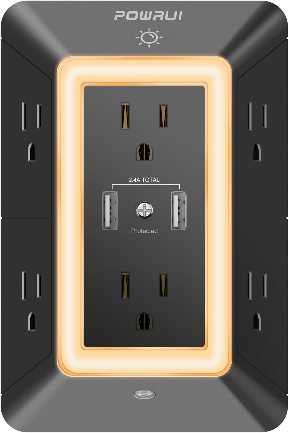 Outlet Extender Power Strip, POWRUI 6 AC Surge Protector Outlets with 3 USB Ports (1 USB C) and Night Light, 3-Sided Multi Plug Wall Outlet with Spaced Outlets - Black, ETL Listed