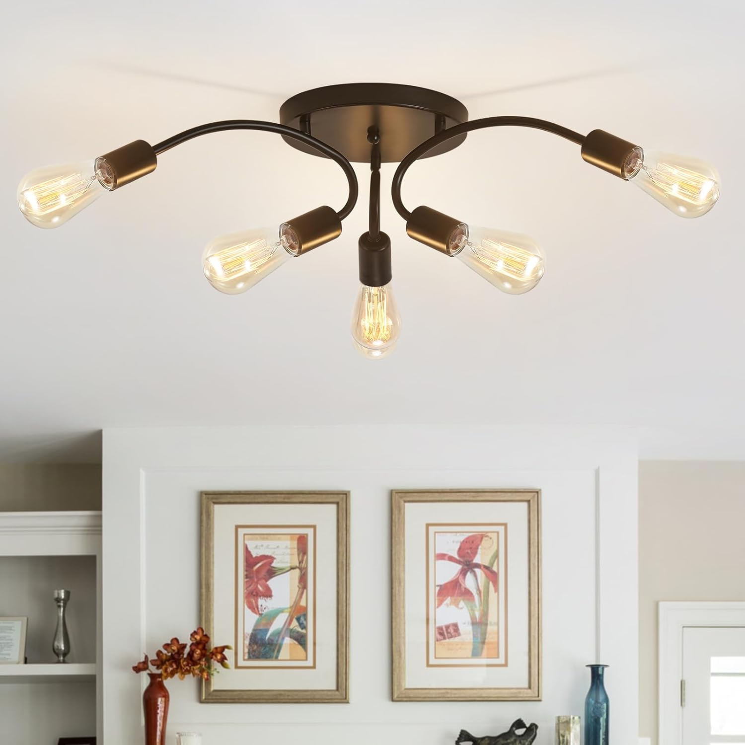Modern Sputnik Chandeliers, 6-Light Ceiling Light Fixture for Bedroom, Kitchen, Dining Room, Living Room, Black with E26 Bulb Base