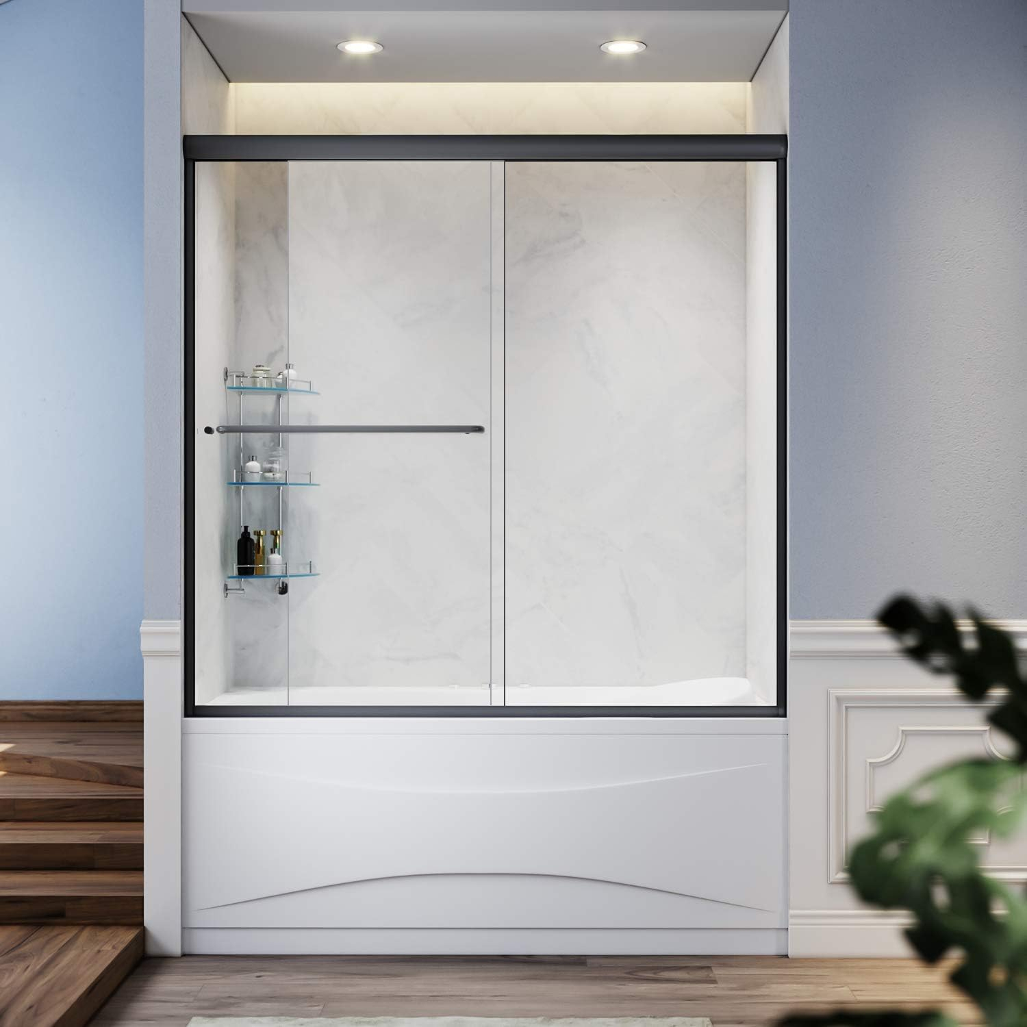Sunny Shower Double Glass Bathtub Sliding Shower Door 60" W x 57" H in Black