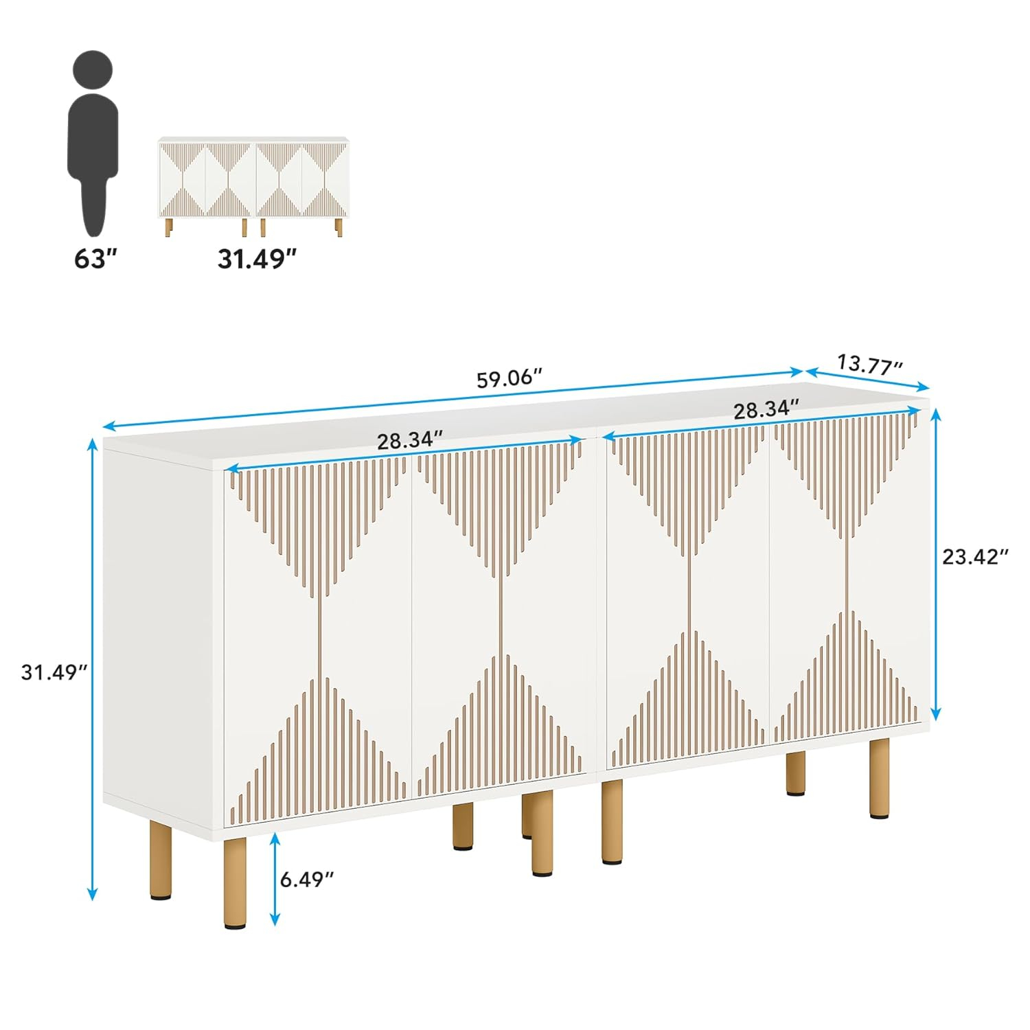 Modern White and Gold 59" Wood Storage Cabinet with Carved Doors