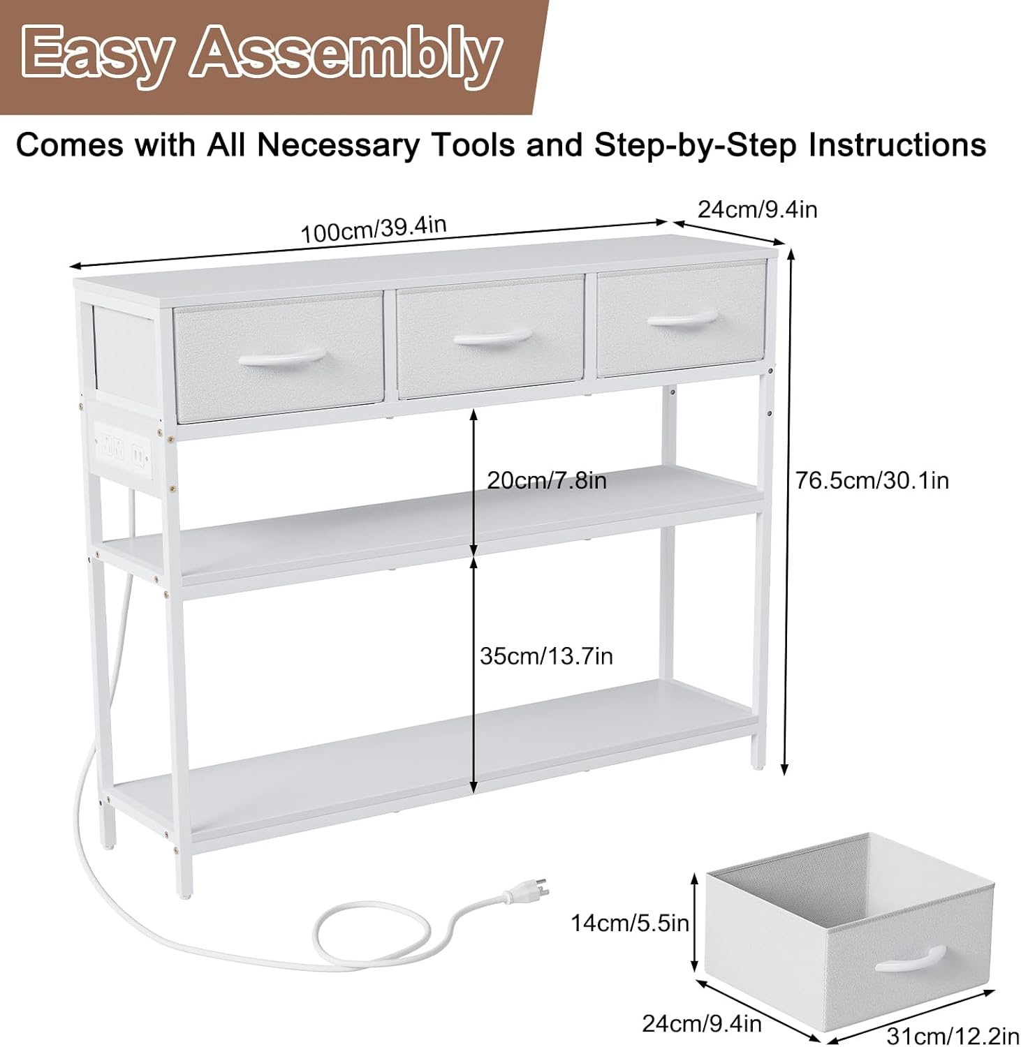 39.5 inch Entryway Table with Power Outlets, Console Table Sofa Table with 3 Drawers and 2-Tier Shelves, Entry Table for Hallway, Foyer, Living Room, White