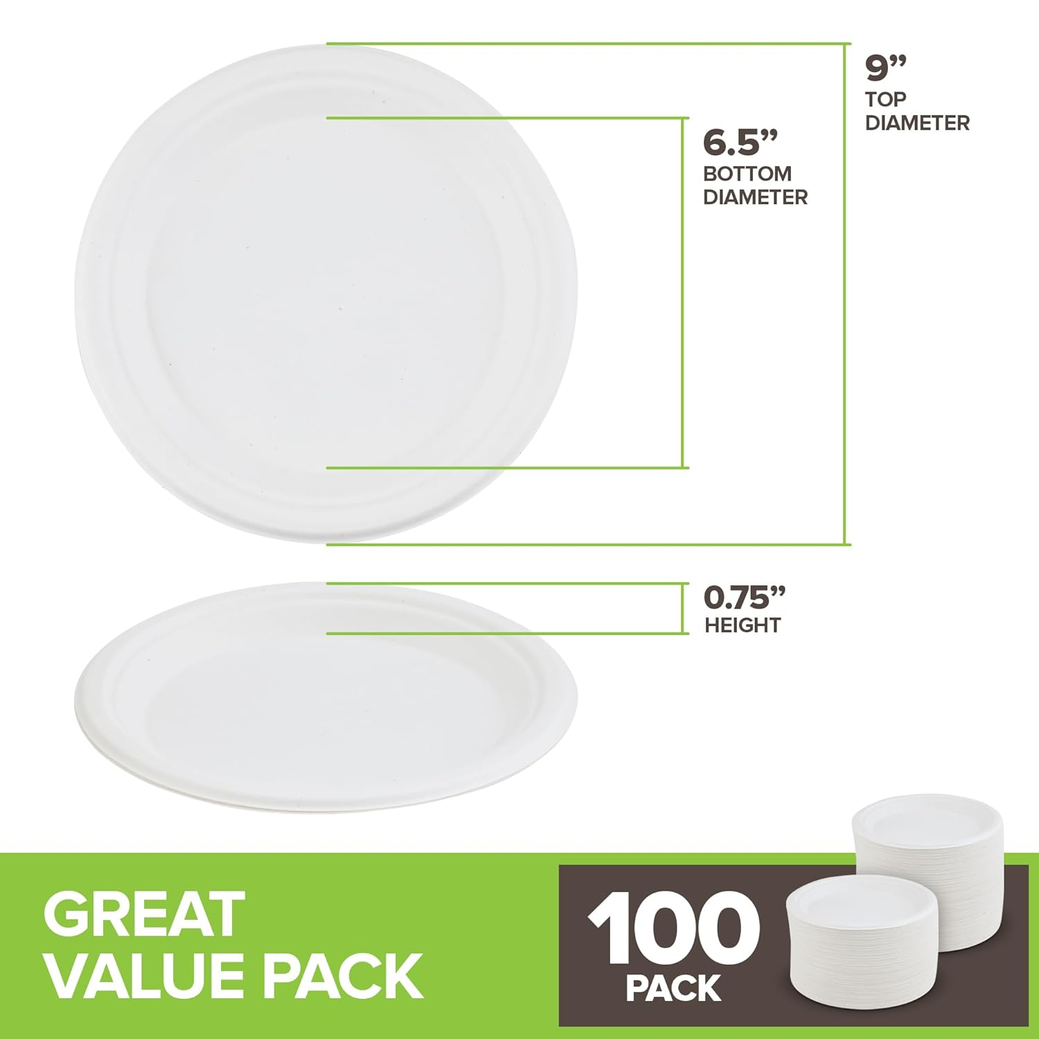 Eco-Friendly 9-Inch White Sugarcane Compostable Plates, 100 Count