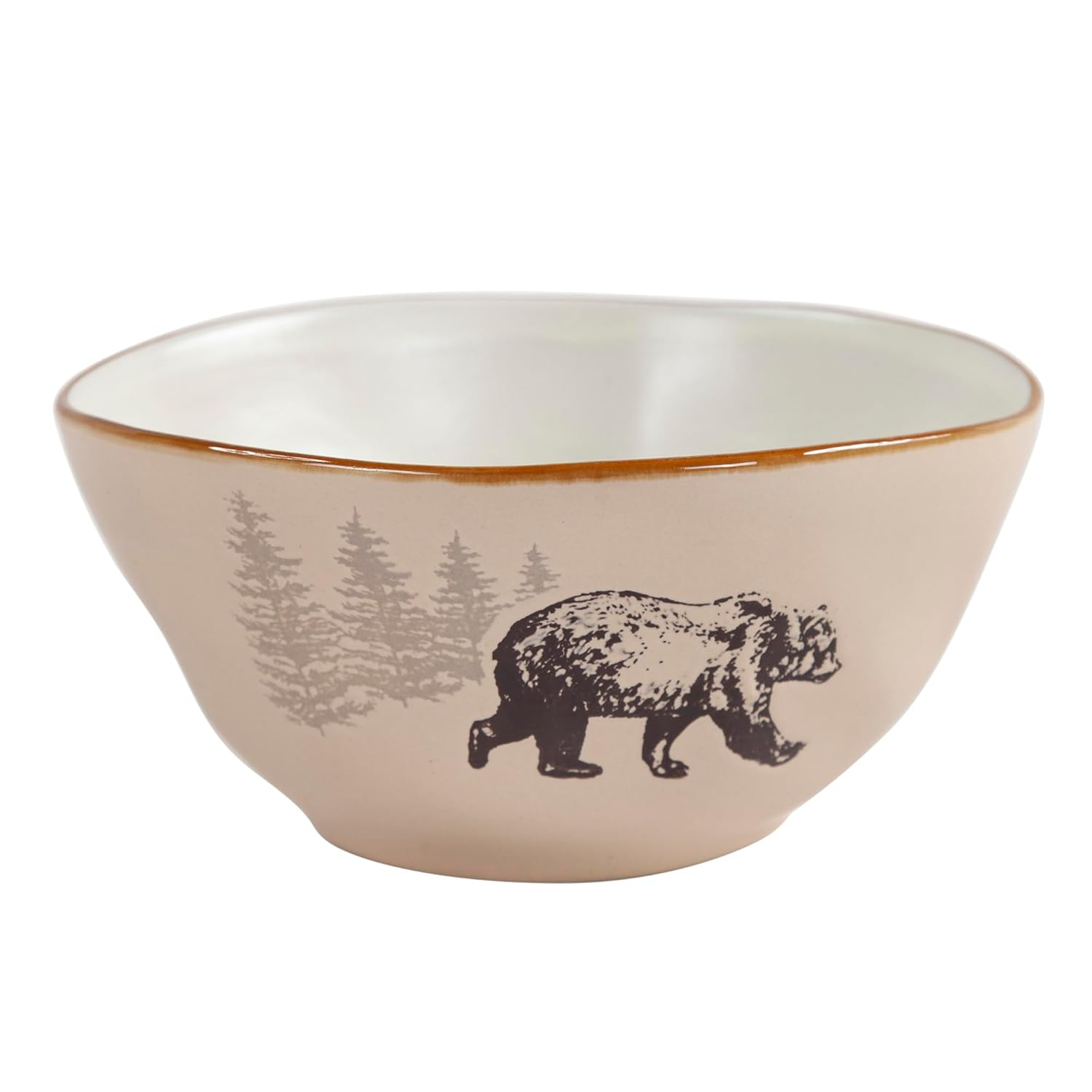 Paseo Road White Pine 16 Piece Ceramic Dinnerware Set, Pine Tree Bear Deer Moose Fox Print, Modern Rustic Cabin Lodge Dish Set with Plates, Bowls, Mugs