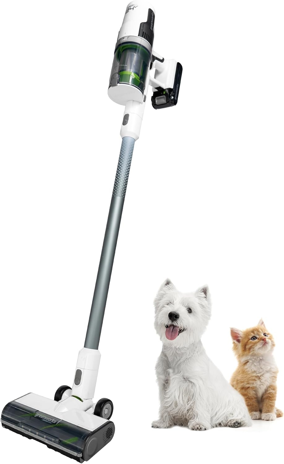 Greenworks 24V Brushless Cordless Stick Vacuum, Lightweight, Handheld, Pet, Anti-Allergen HEPA Filtration, Hard Floor, Carpet, Car, 4Ah Battery, and 30-Minute Charge Time (White)