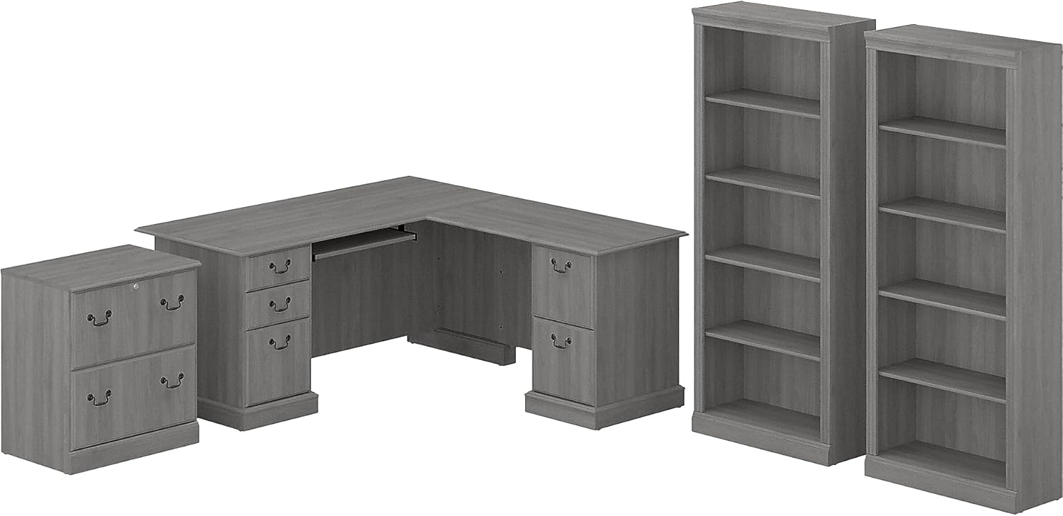 Modern Gray Engineered Wood L-Shaped Desk Set with Bookcases and File Cabinet