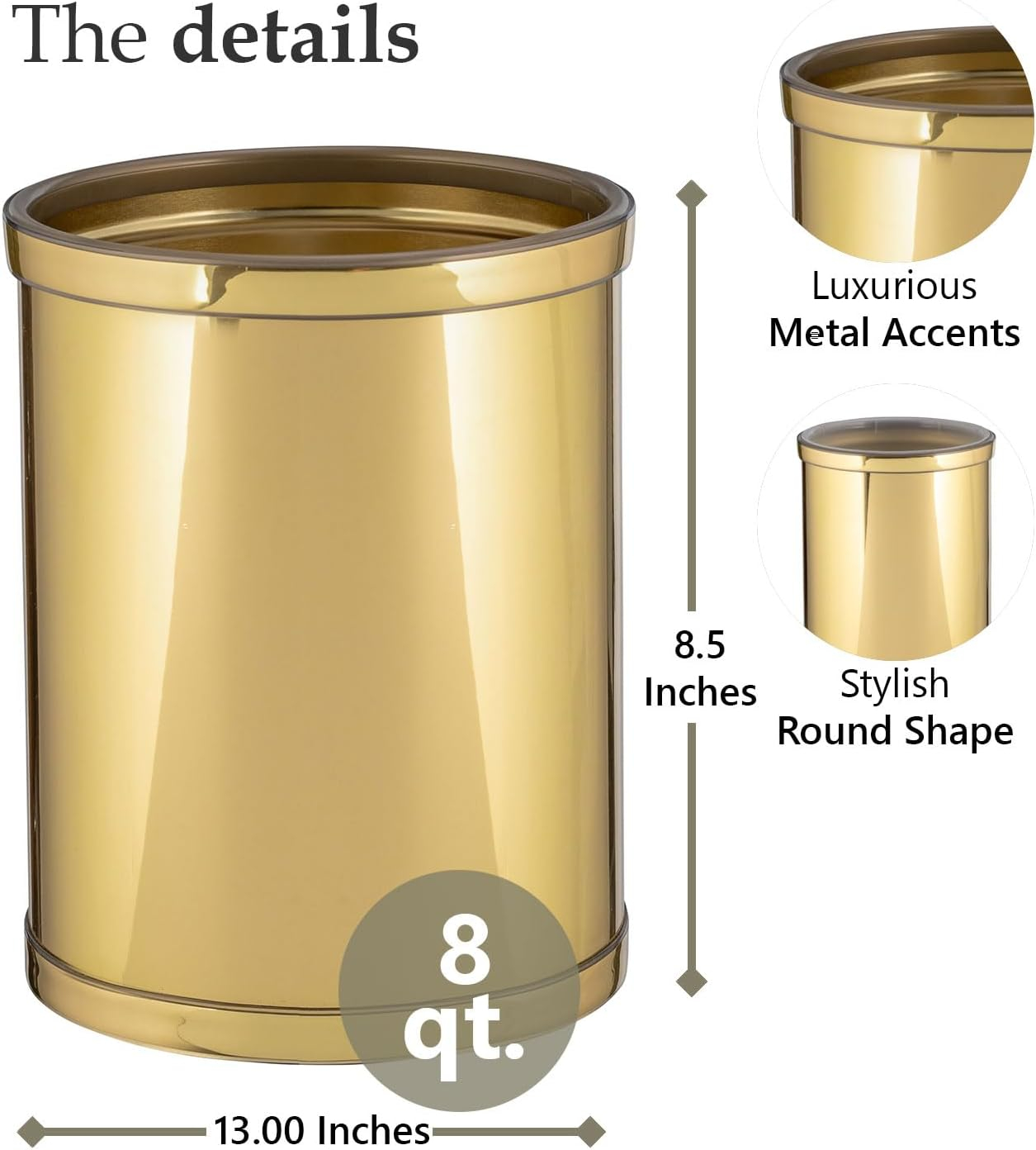 Polished Brass Round Plastic Bathroom Trash Can
