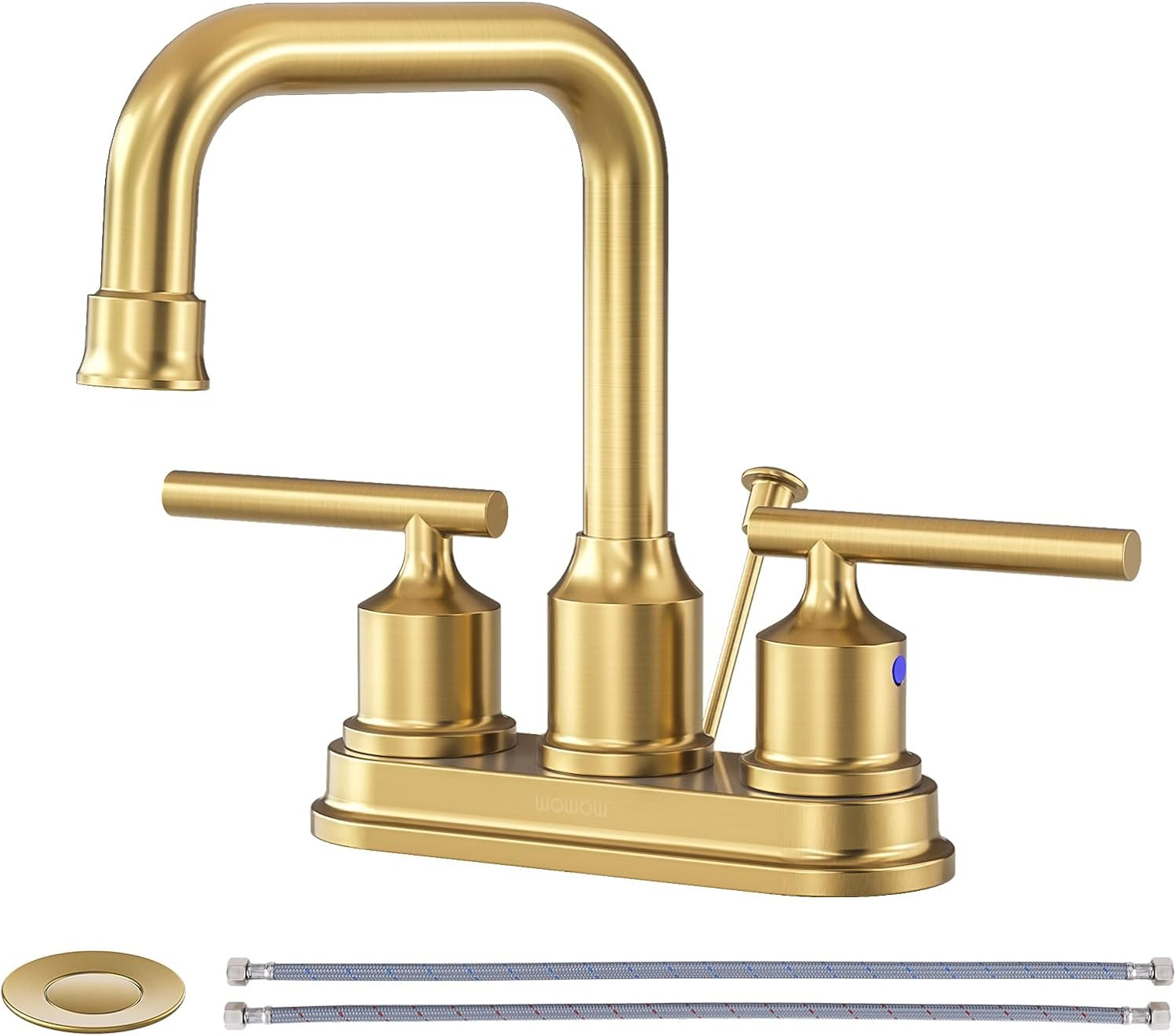 WOWOW Brushed Gold Bathroom Faucet 4 inch Bathroom Sink Faucet 3 Hole RV Sink Tap 2 Handle Vanity Taps with Drain Assembly Centerset Lavatory Mixer 360-Degree Swivel Spout