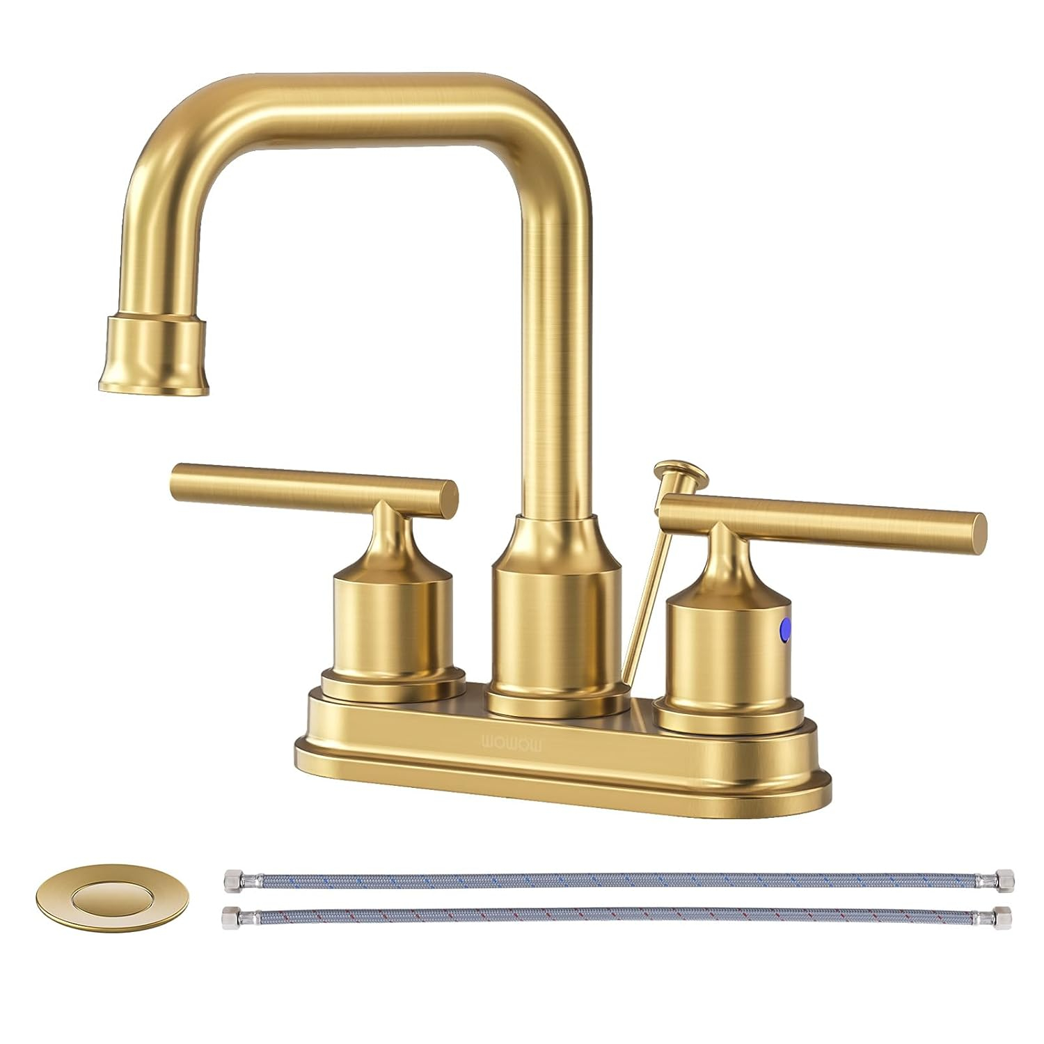 WOWOW Brushed Gold Bathroom Faucet 4 inch Bathroom Sink Faucet 3 Hole RV Sink Tap 2 Handle Vanity Taps with Drain Assembly Centerset Lavatory Mixer 360-Degree Swivel Spout