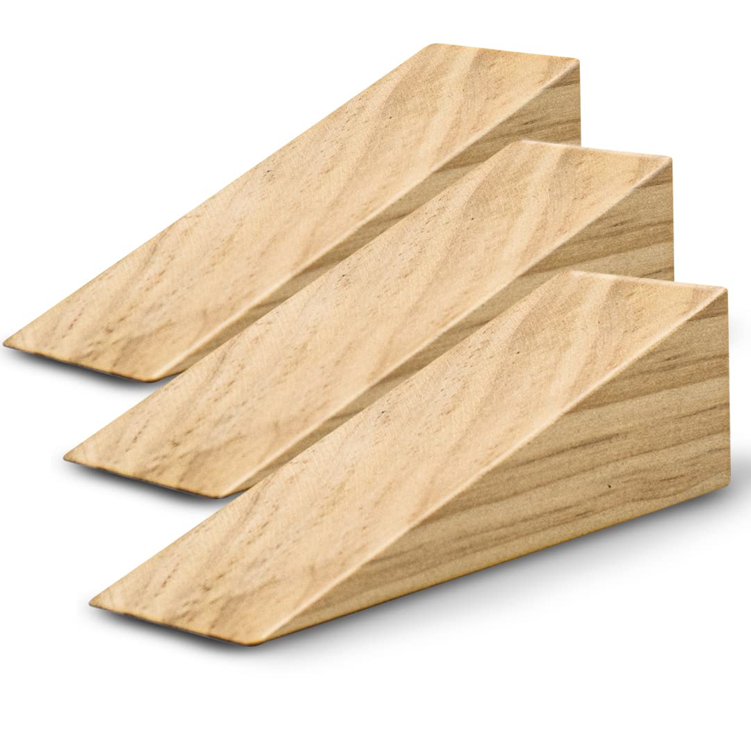 Wooden Door Stoppers - Handmade Acacia Wood Door Wedge - Home Security Door Jammer for Bottom of Door - Suitable for All Floor Types - 3 Pack